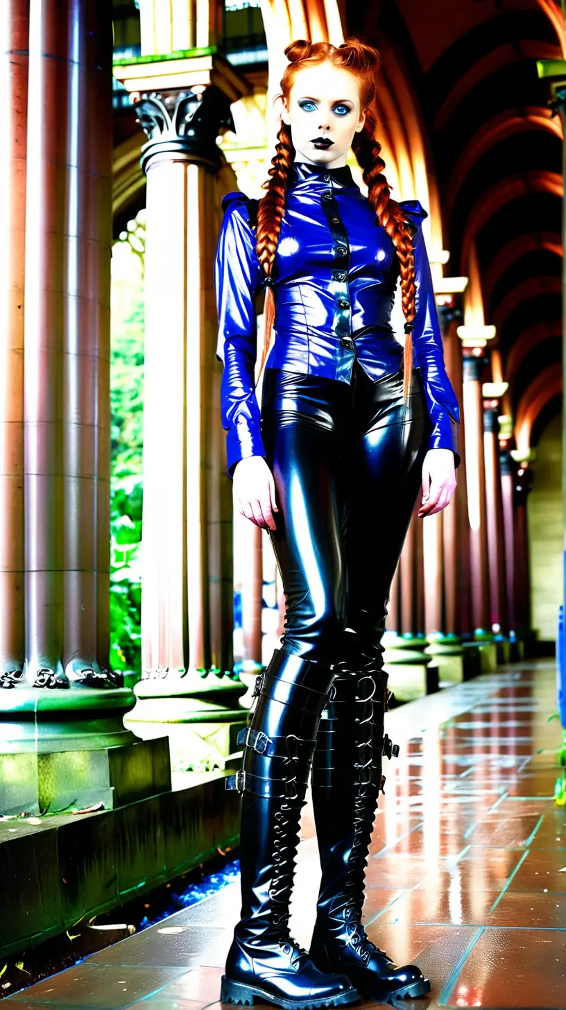 Young redhead with blue eyes, long braided hair, wearing dark make-up and latex outfit, long leather boots, kelvingrove, glasgow, Scotland, full length