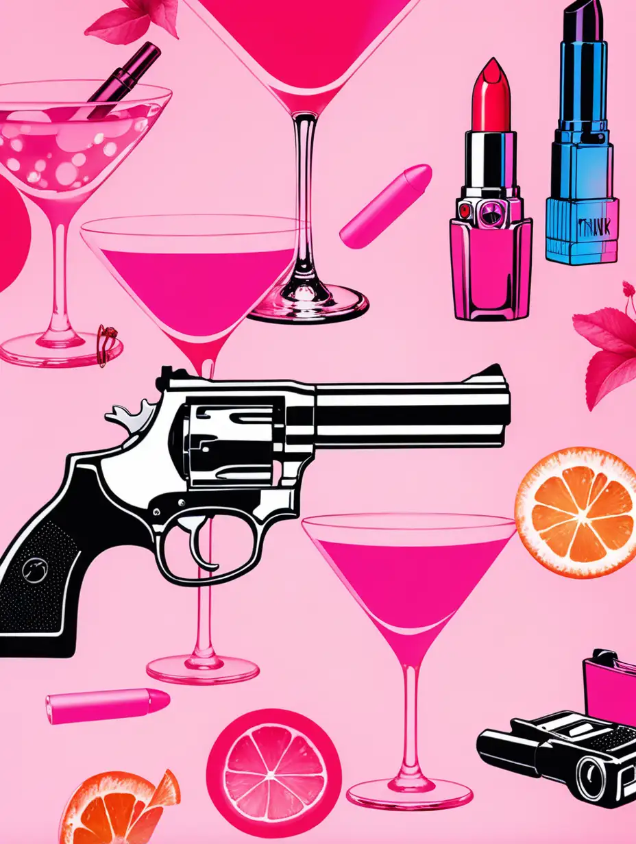 funky art on the pink background including cocktails lipstick and a gun 