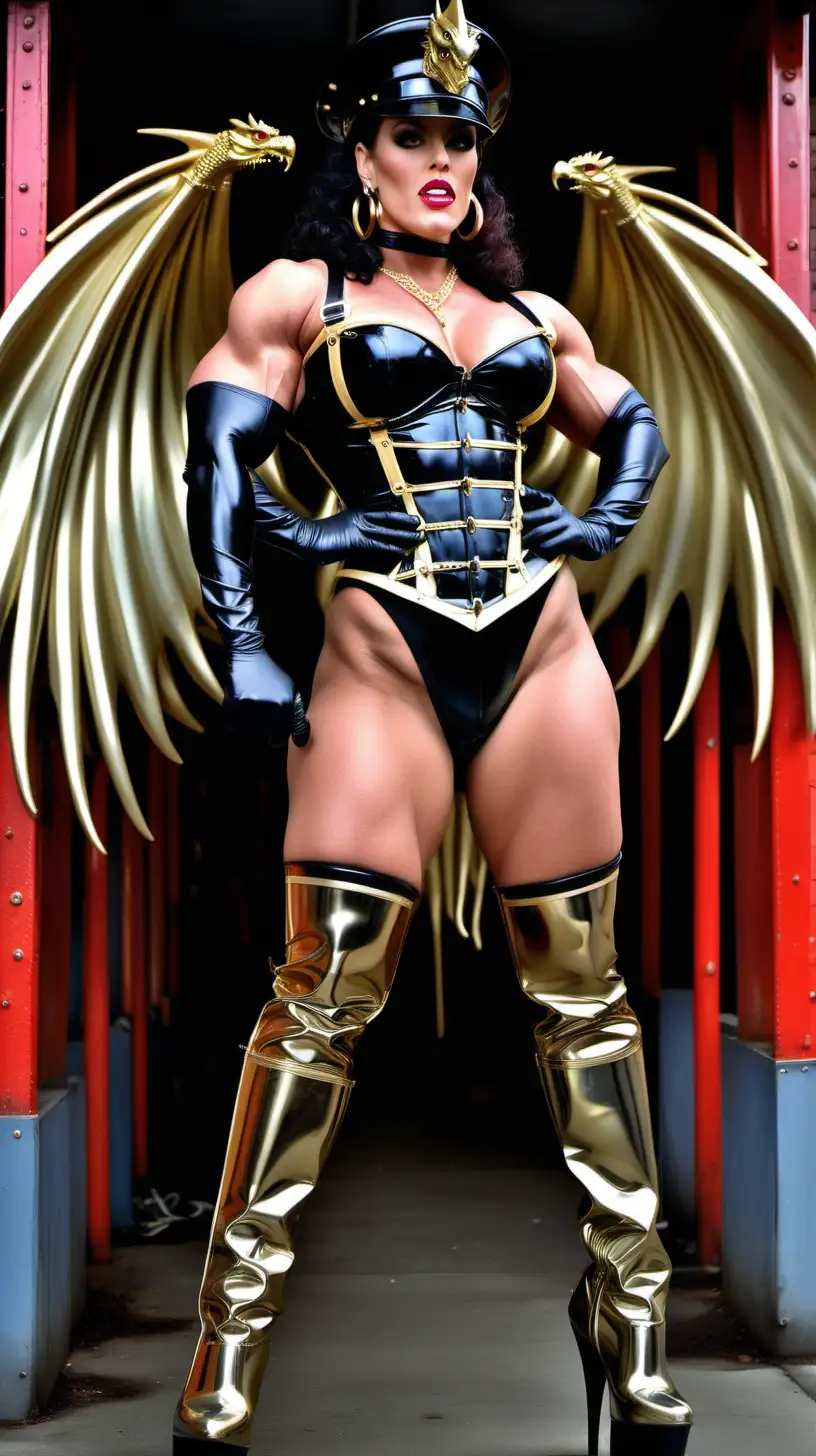 Very muscular and dominant female bodybuilder. wearing a shiny latex military peaked cap, long latex opera gloves, pvc thigh high stiletto boots embellished with gold, black pvc corset, gold dragon wings, looks like Jane Russell, chunky gold belt, statement gold necklace. Huge gold hoop earrings. Freak big muscles, biggest muscles in the world, gold dragon gauntlets, black latex train 
