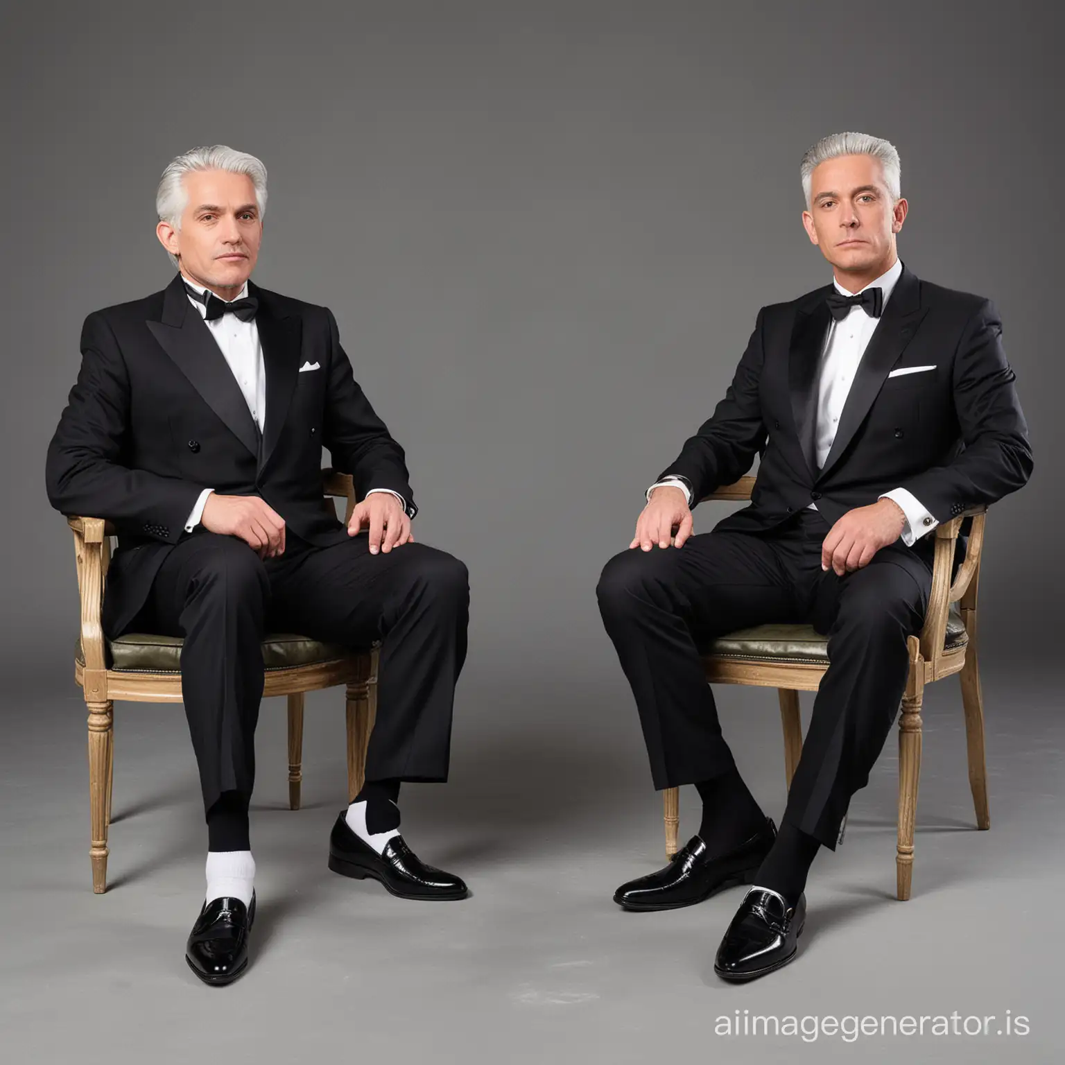 Two eldely businessmen, shot height, both wearing tuxedos, white socks, black loafers, silver hair, both sitting on the chair, must show face
Private