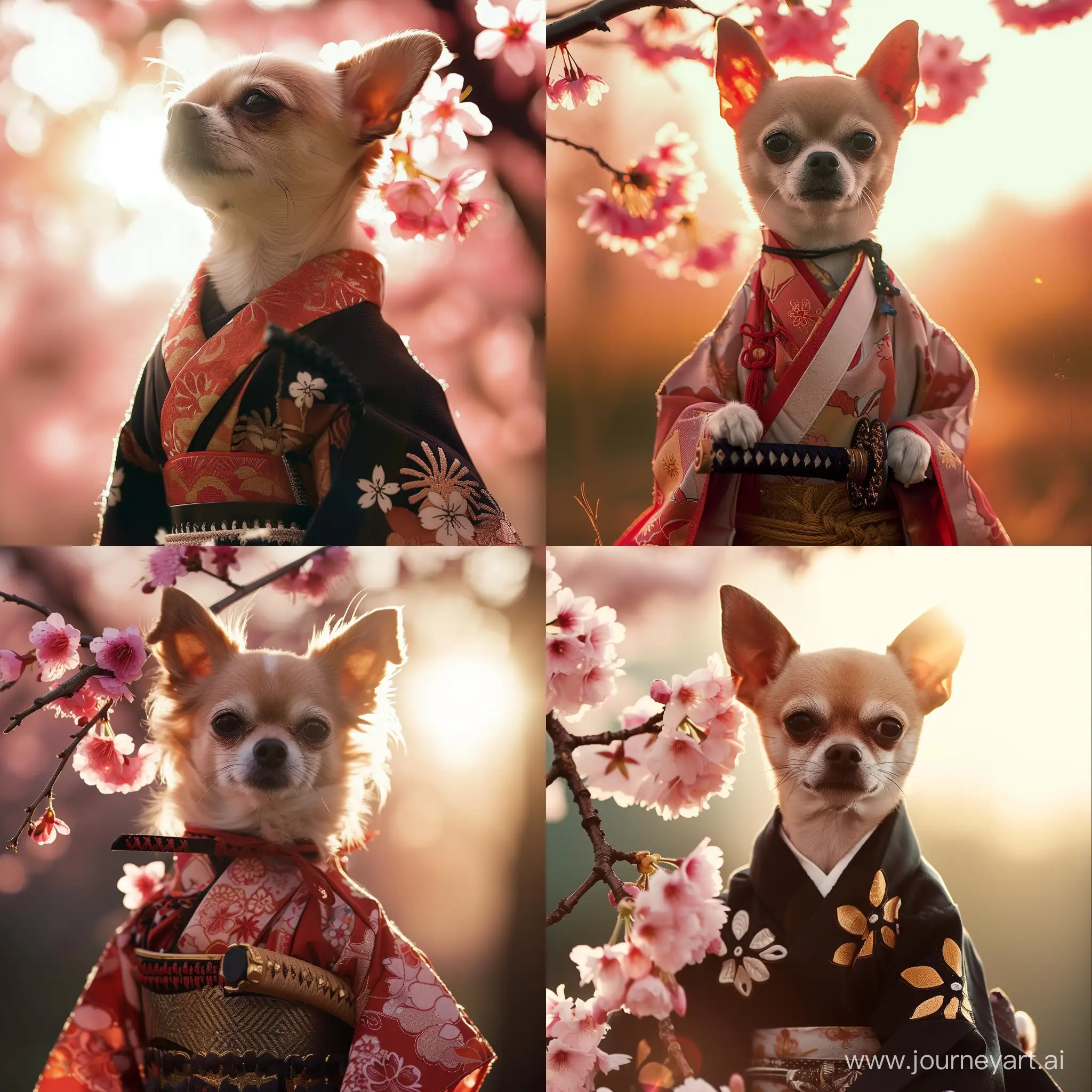 Adorable-Chihuahua-Samurai-Poses-Under-Cherry-Blossoms-in-Sunlight