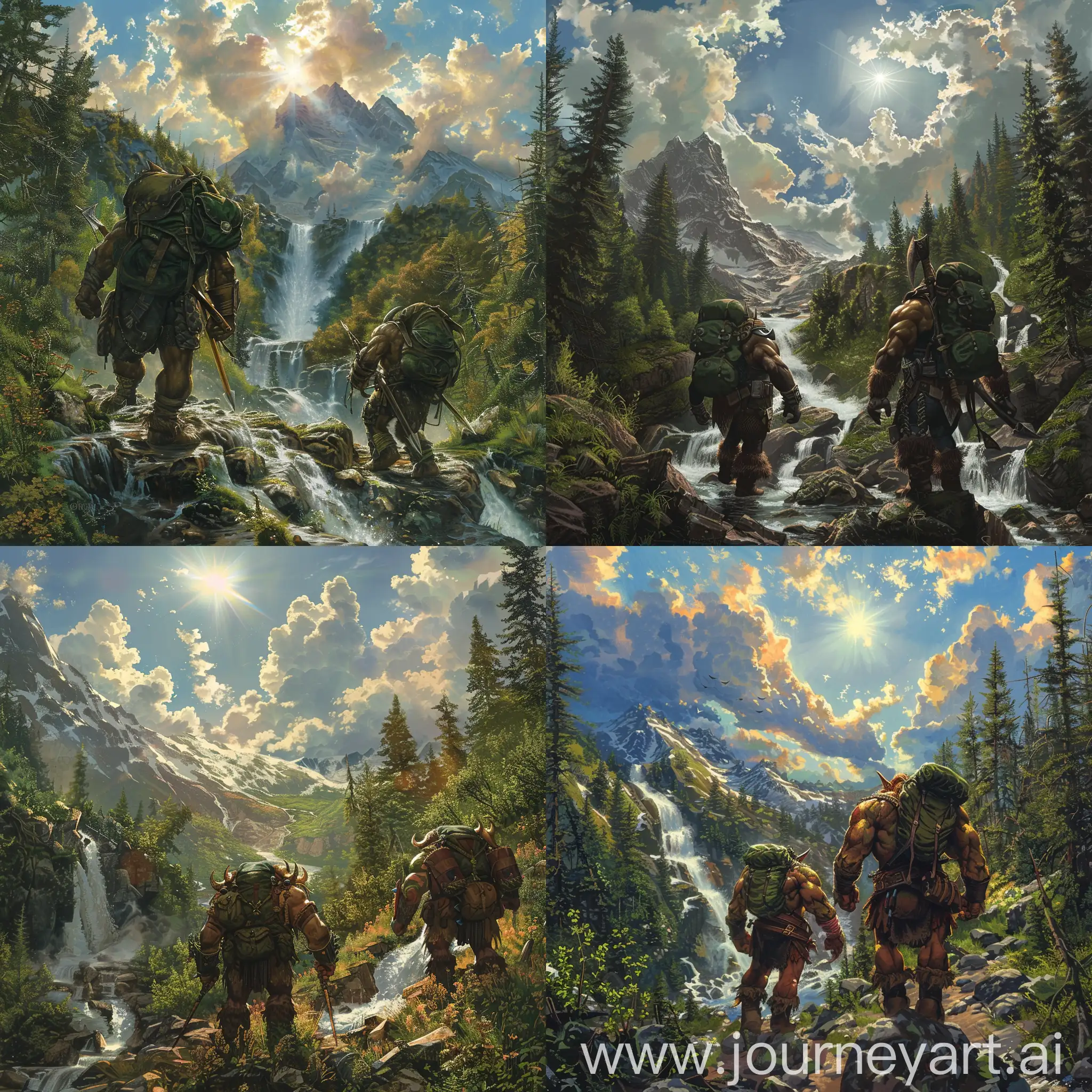 Два сильных мускулистых орка пробираются через лесную горную чащу, вдоль небольших водопадов и горных рек, с темно зелеными рюкзаками, на небе ярко светит солнце и плывут красивые облака