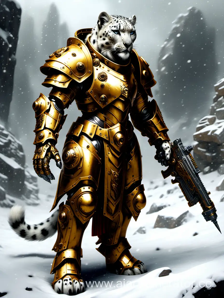 Humanoid snow leopard in a golden full plate power armor like adeptus kustodes massive
