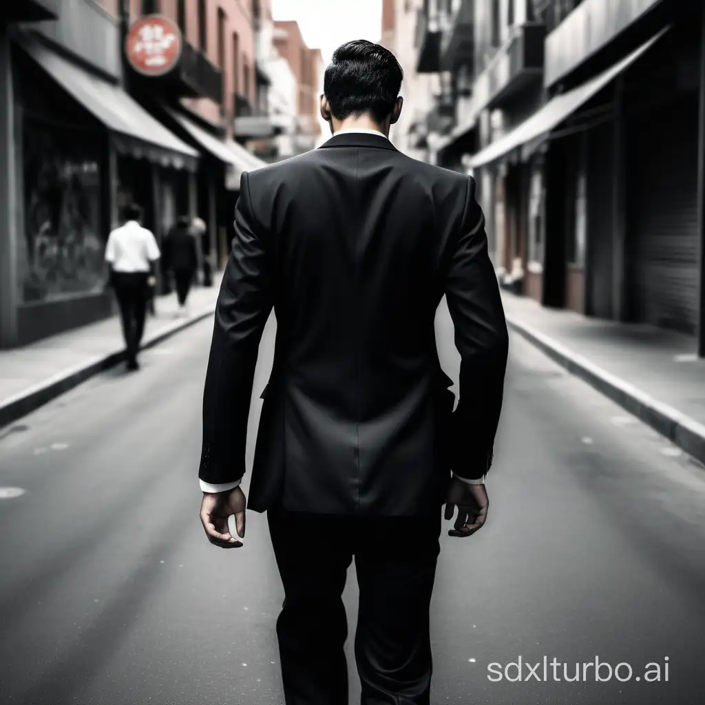 a man walking  in town. who wear black suit. who is walking whose shows his back. the background is looking like dangerous
