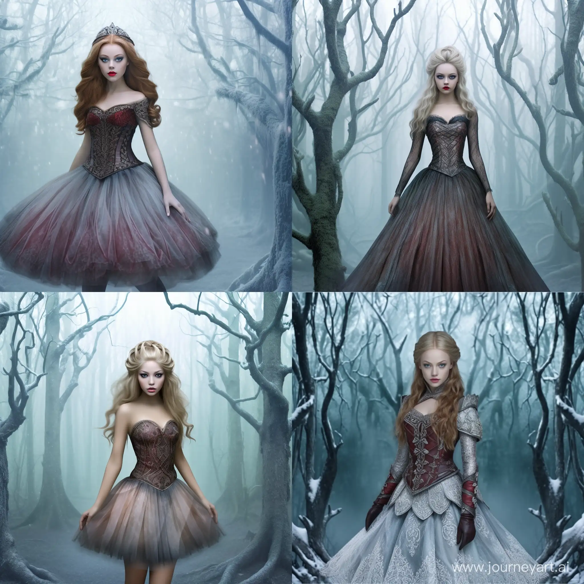 beauty nordic female model in the ice forest, magic dust on background