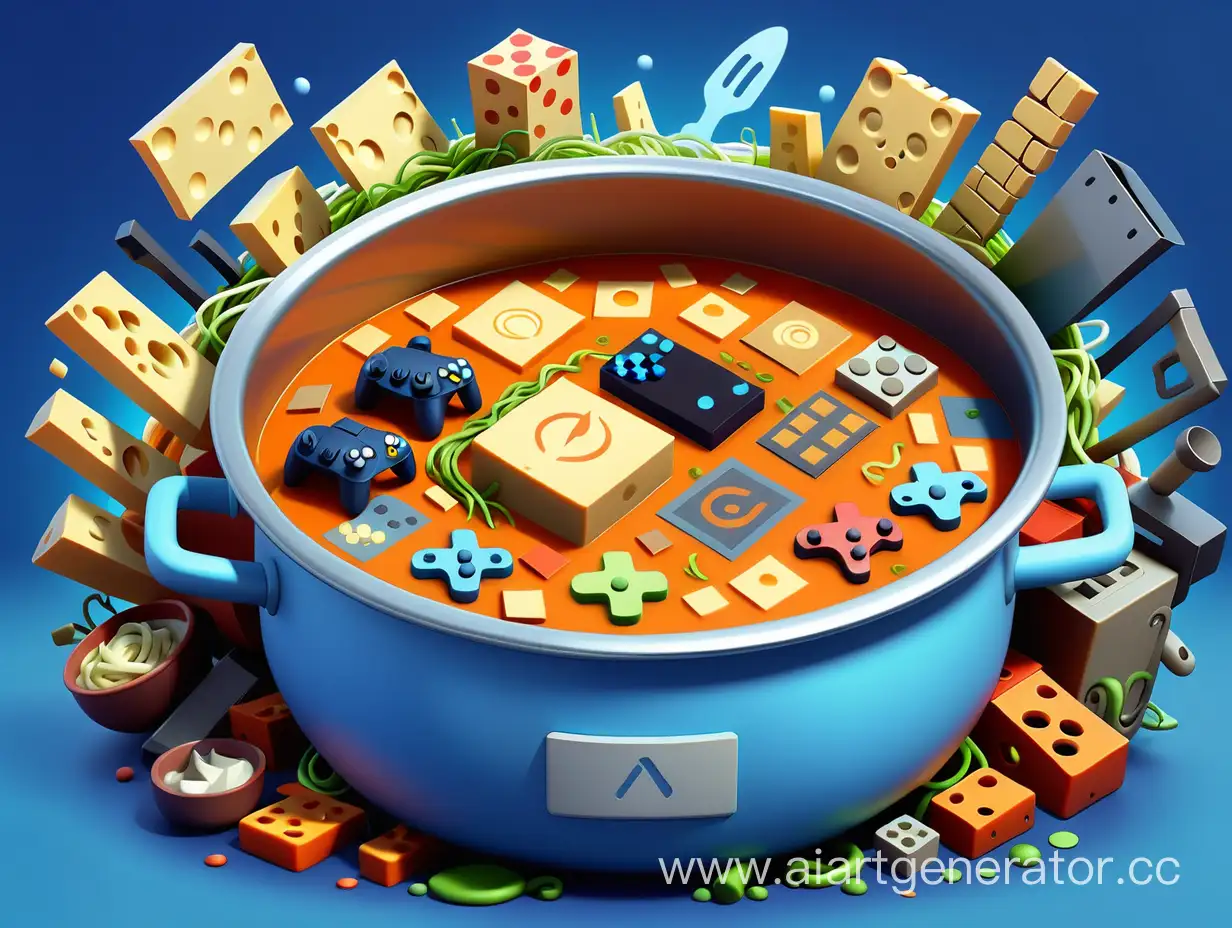 Баннер для канала в центре кастрюля супа, в ней замешаны иконки разных игр на компьютер. Всё на синем фоне.