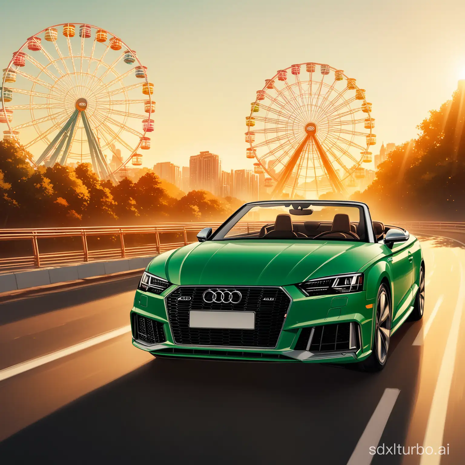 A green Audi convertible driving on the road with a background of a Ferris wheel, adding details, enhancing clarity, extremely high resolution, wallpaper, adding details, high resolution, detail enhancement, warm color tone, complete cinematic lighting background, close-up, frontal perspective, upper body, close-up,