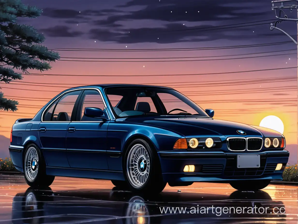 Bmw e38 in anime and anime girl weather is sun night
