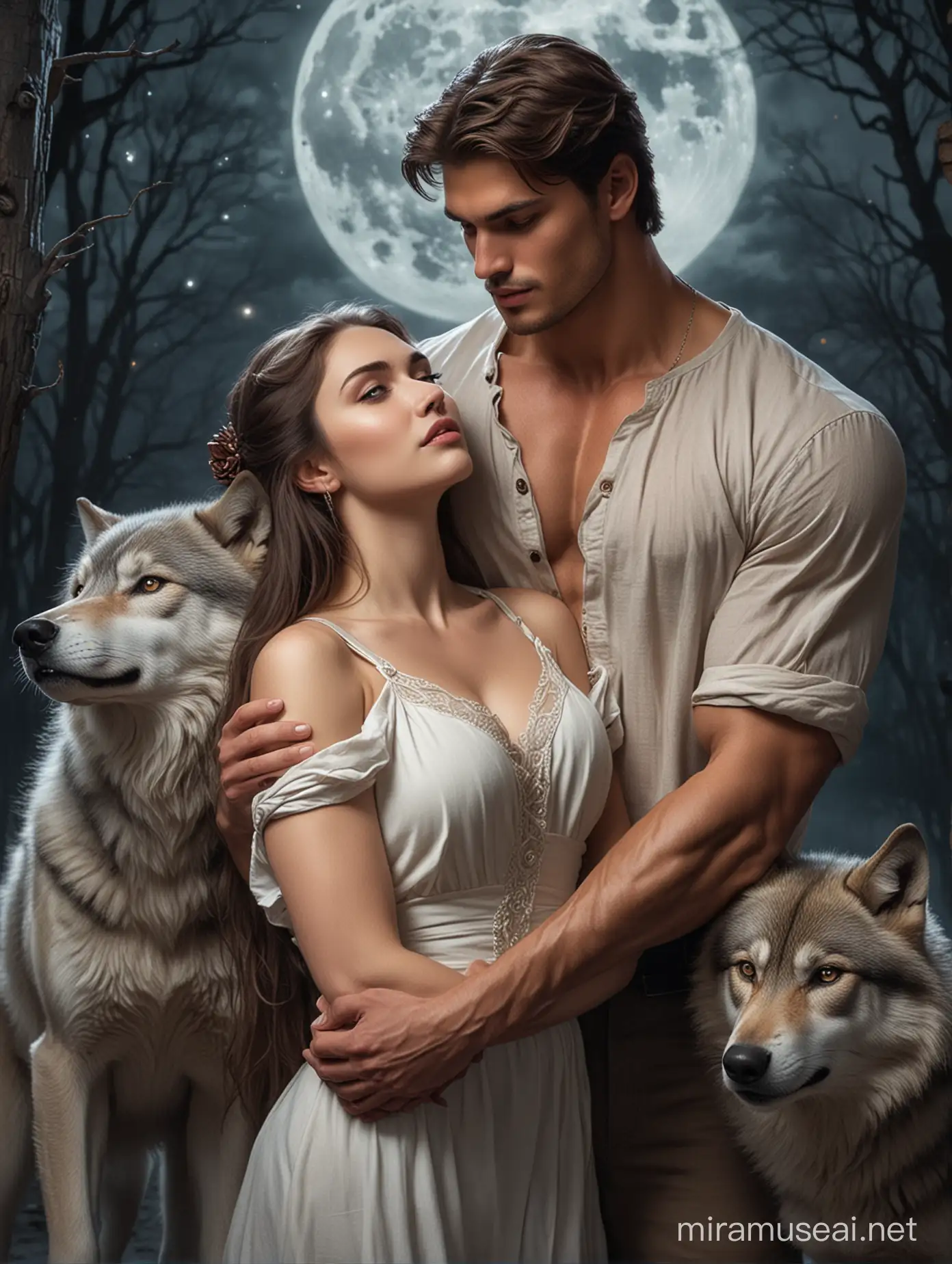 A beautiful lady leaning romantically into the arms of a handsome young muscular man, with wolves beside them, under the moon