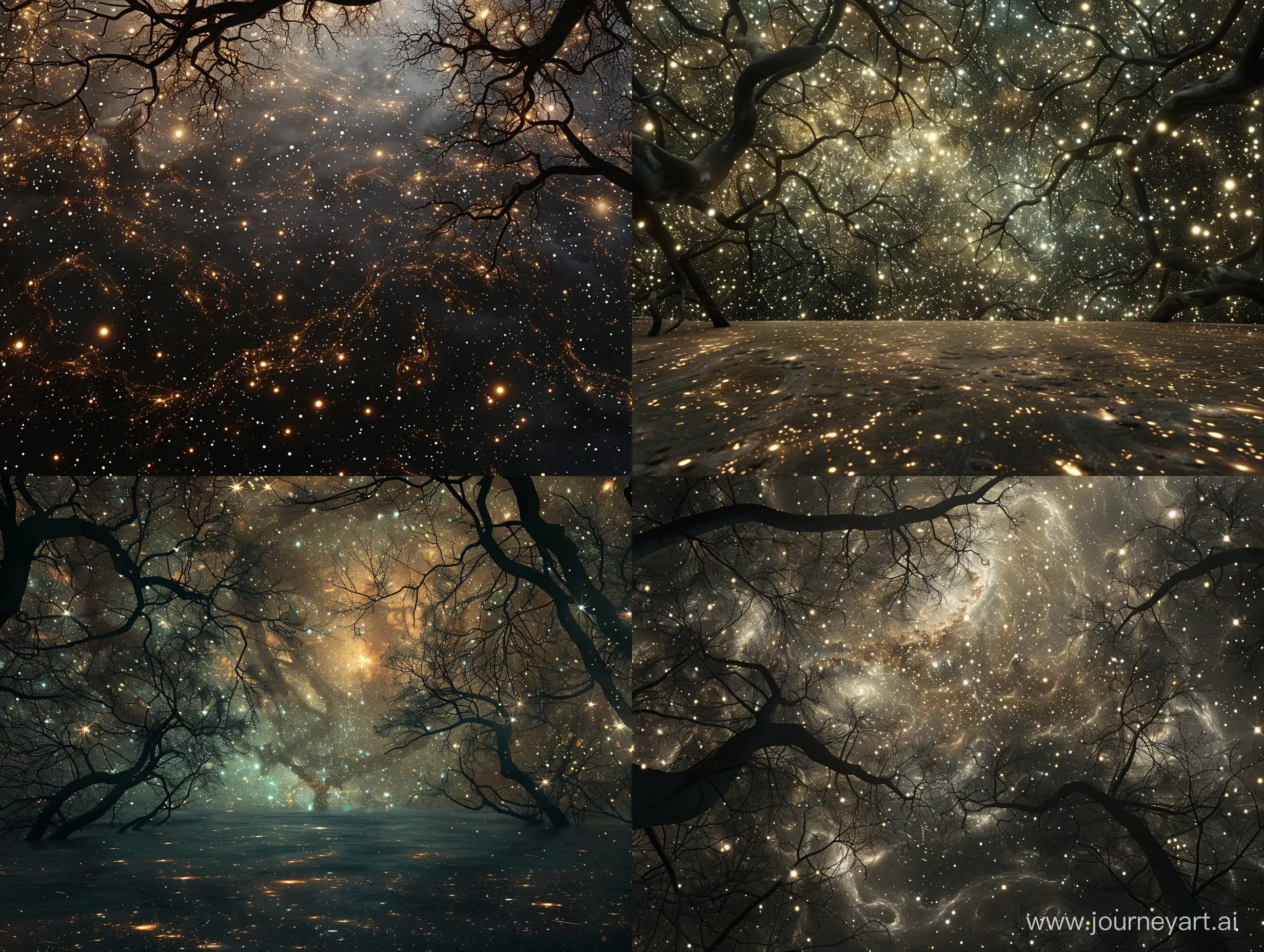 A fantasy landscape, a vast world with many sparkling stars in a large empty space with tree branches running everywhere. Dark colors, the style is photographic