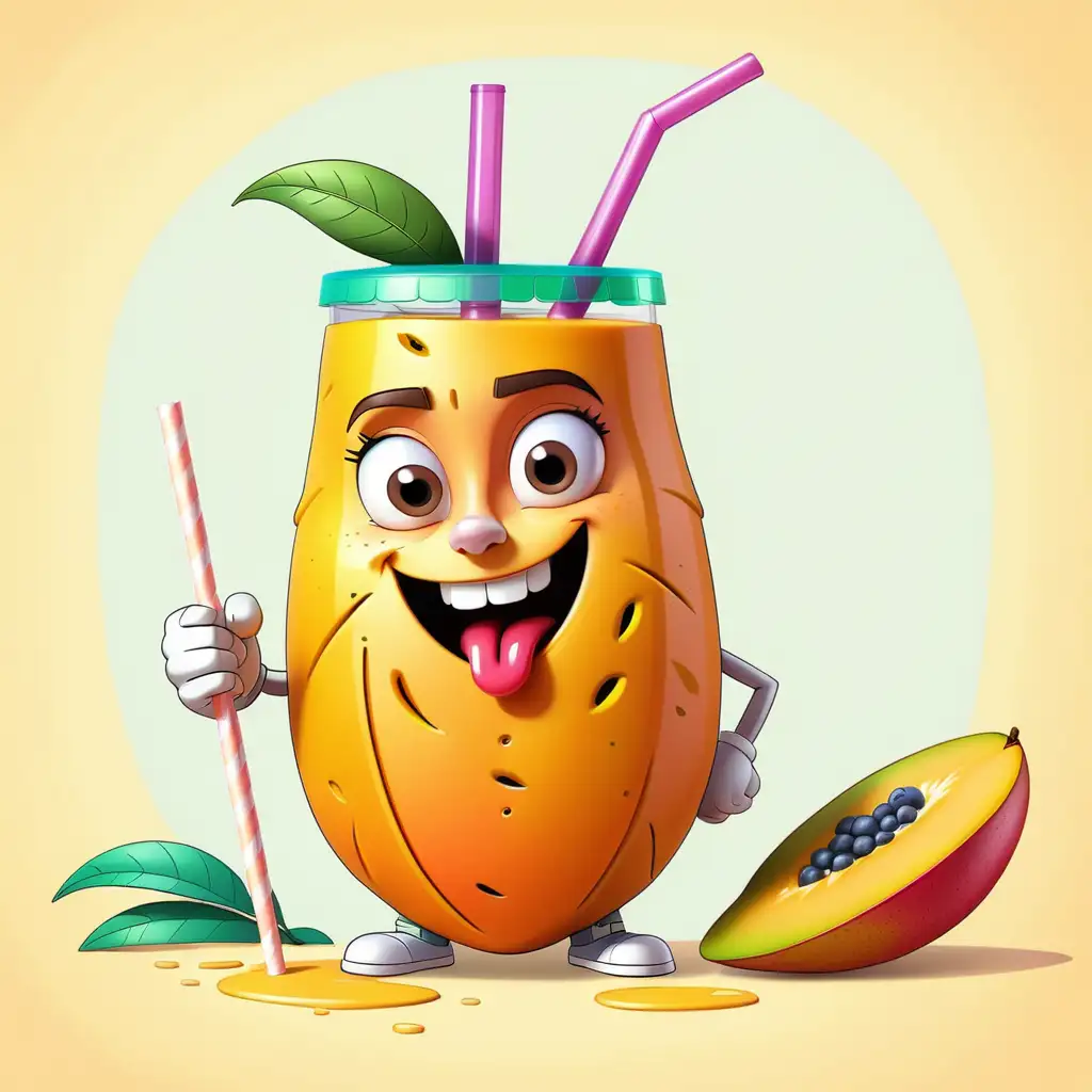 A drawing of a mango, drinking a smoothie with a straw. Cartoon style. 