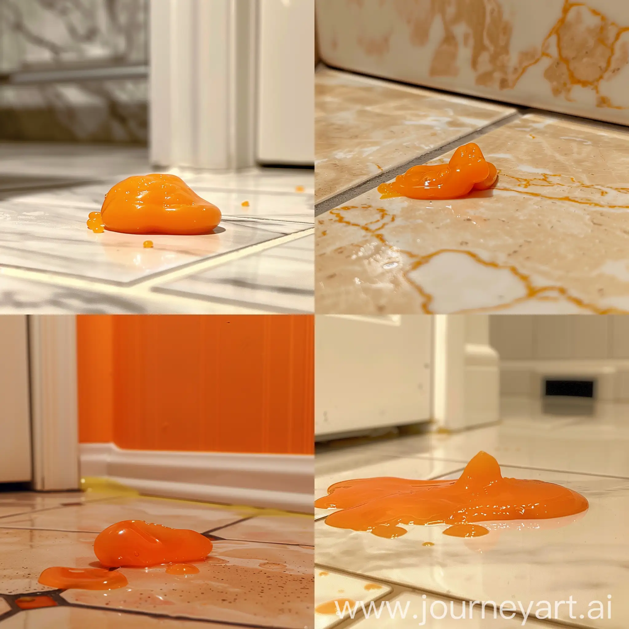Realistic, view from close, close up angle of a tiny small orange goop on a bathroom floor, close up of a small tiny orange gelatinous goop on the floor, gelatinous orange slime goo