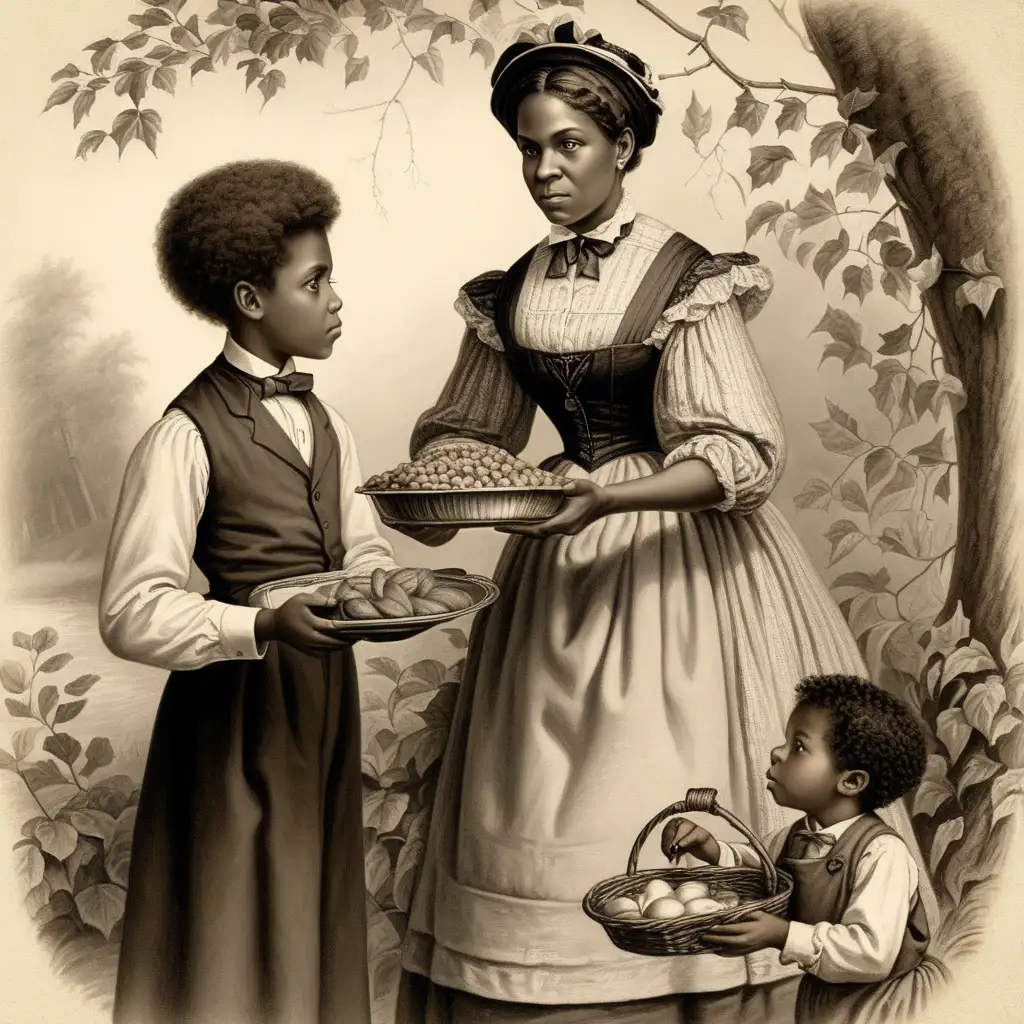 create  image of  an ELEGANT 40 YEAR OLD 
BLACK WOMAN from 1867 giving food to a young boy and girl. Use some hints of black and gray. include ivy
