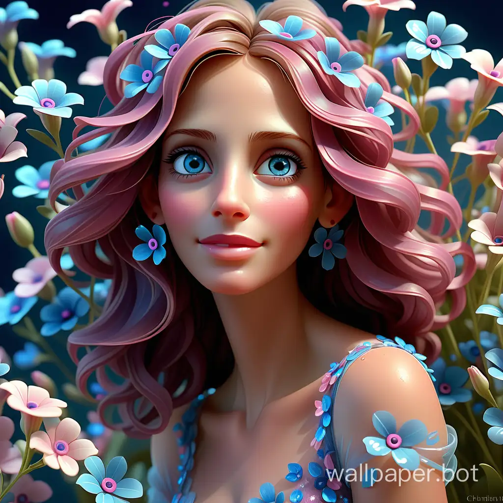 A vibrant 3D digital illustration of a lovely full-length realistic girl, with the appearance of a young Julia Roberts, detailed eyes, around her there are many detailed small blue and pink flowers with transparent thin delicate petals, delicate, fabulous, surreal, with intricate details, beautiful, romantic, mysterious, imitating the liveliness of Disney and magnificent oil paints. by Christian Riese Lassen, glitter, glitter, clarity, high quality, 4K