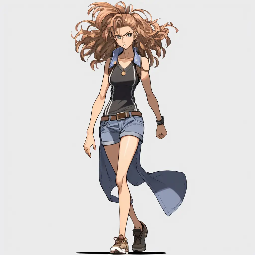 anime chic woman, tall, determined expression, buff, wild hair, talking, walking, full body