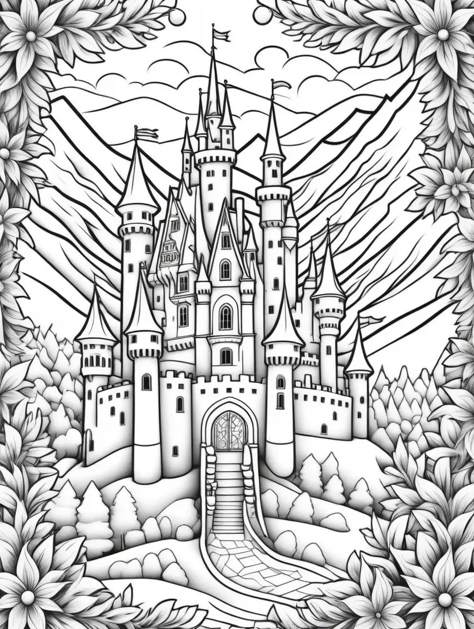 german winter castle, coloring book page, floral doodle background, black and white, no shading, bold black lines, white background, crisp edges, full page, color by number