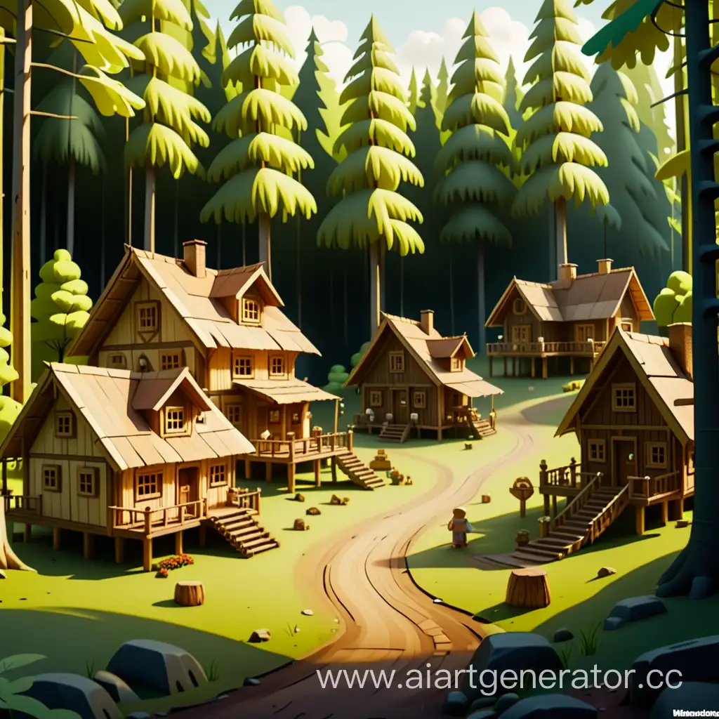 Idyllic-Forest-Village-with-Rustic-Wooden-House-Nestled-Among-Trees