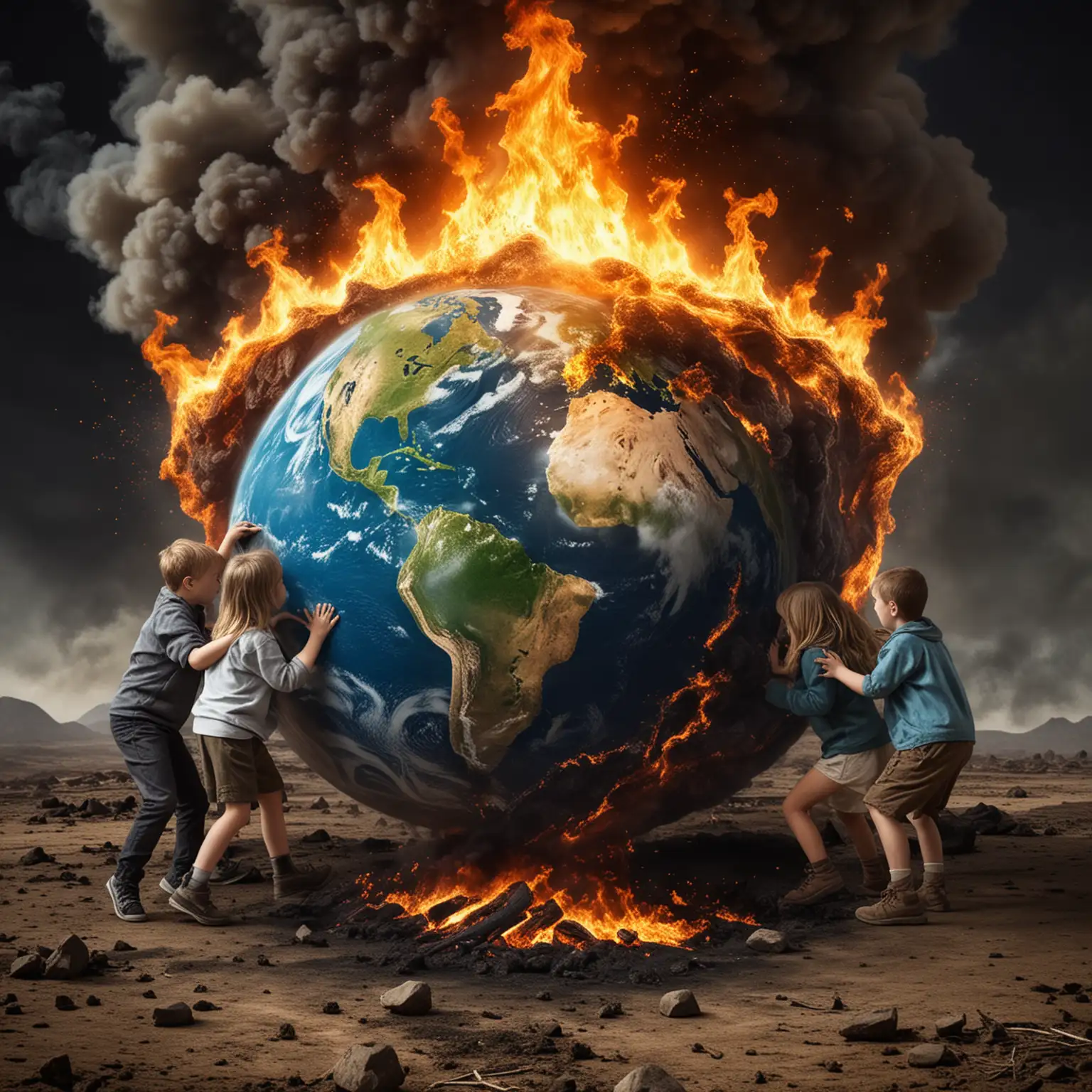 can you create a realistic image of earth but it is catching on fire. 

Below the Earth, you can see little kids attempting to put out the fire
