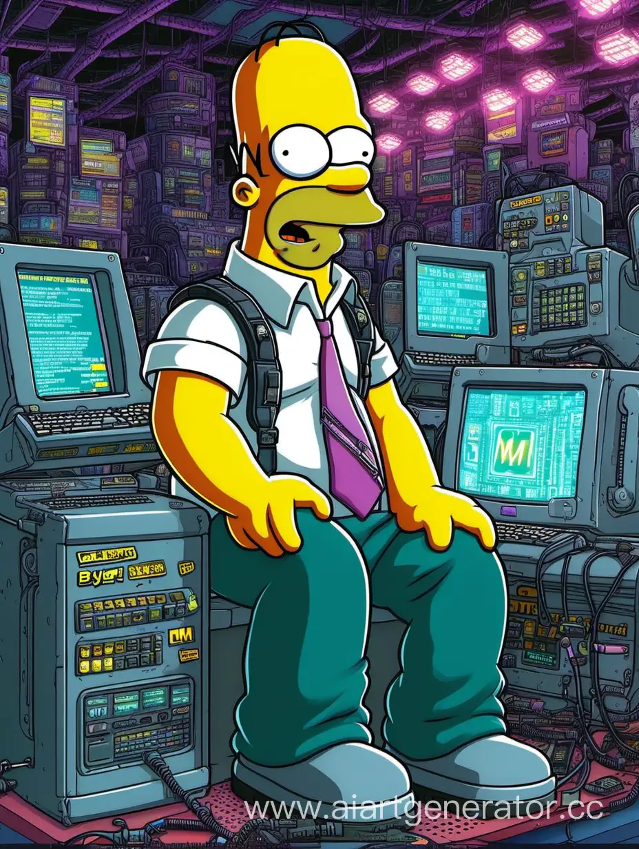 Персонаж симпсонов улыбается мужчина
 реламирует компьютерный клуб "BYTE-M" киберпанк


