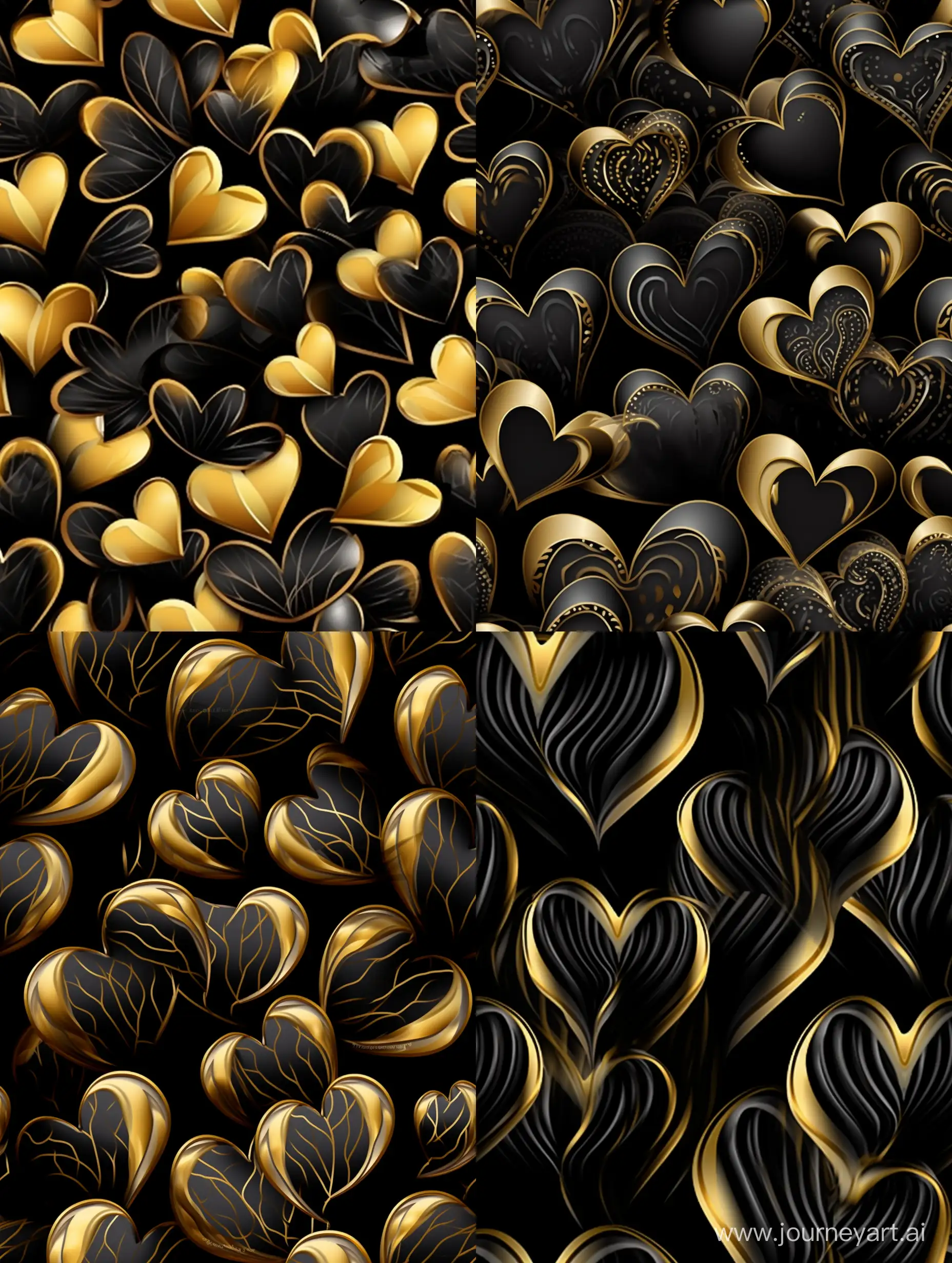 seamless pattern, fabric art for wallpaper , digital paper of  plastic hearts 3d in black and gold colors, romantic style --tile 