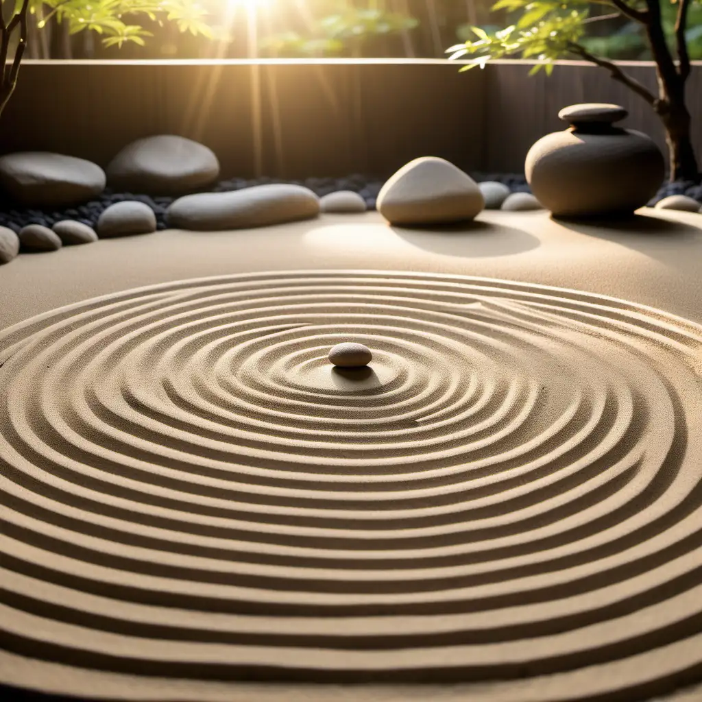 Zazen practice space, Peaceful tranquil meditative Japanese zen garden, raked meditative sand, evening sunlight, awe inspiring, reflective space, 4k image, Simplicity yet profound, calm peaceful space that defines the philosophy of zen