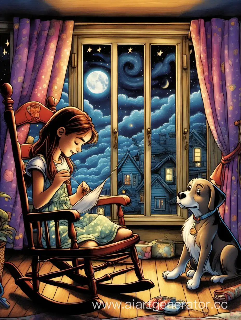 собака, ночь, окно, девушка шьёт, в кресле качалке, детализированный фон в стиле disney в цвете