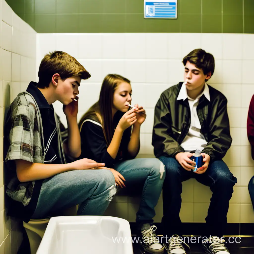 High school students smoke and drink in the school restroom.