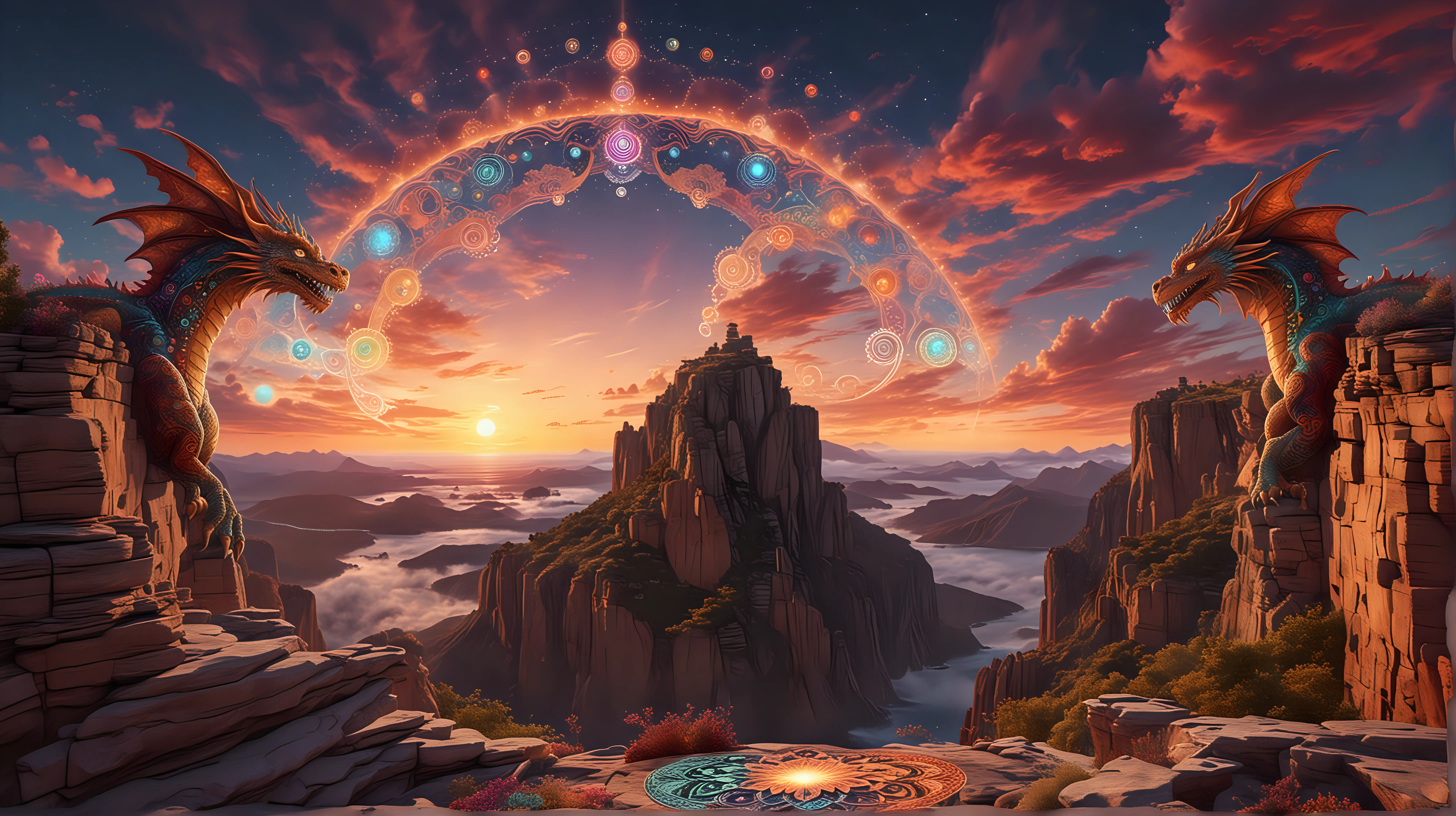 Psychedelic DMT Visuals Sunset Cliffside Universe with Dragon Clouds and Chakra Mandalas