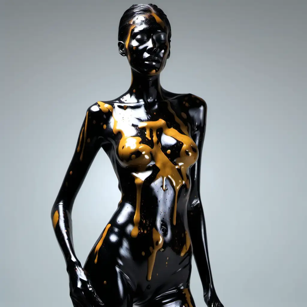 Elegant Tall Model Adorned in Glistening Crude Oil 4K Visual Feast