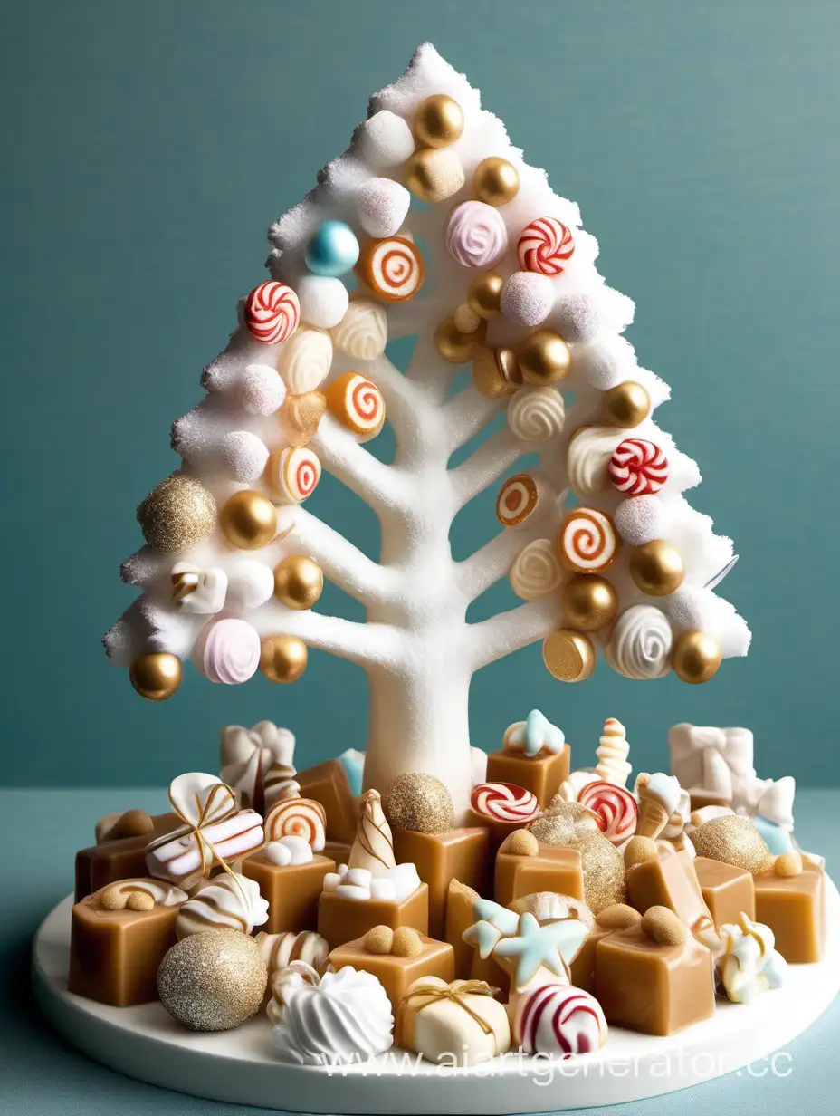 сладкая новогодняя белая елка из карамели, украшенная другими сладостями. она небольшая и новогодняя