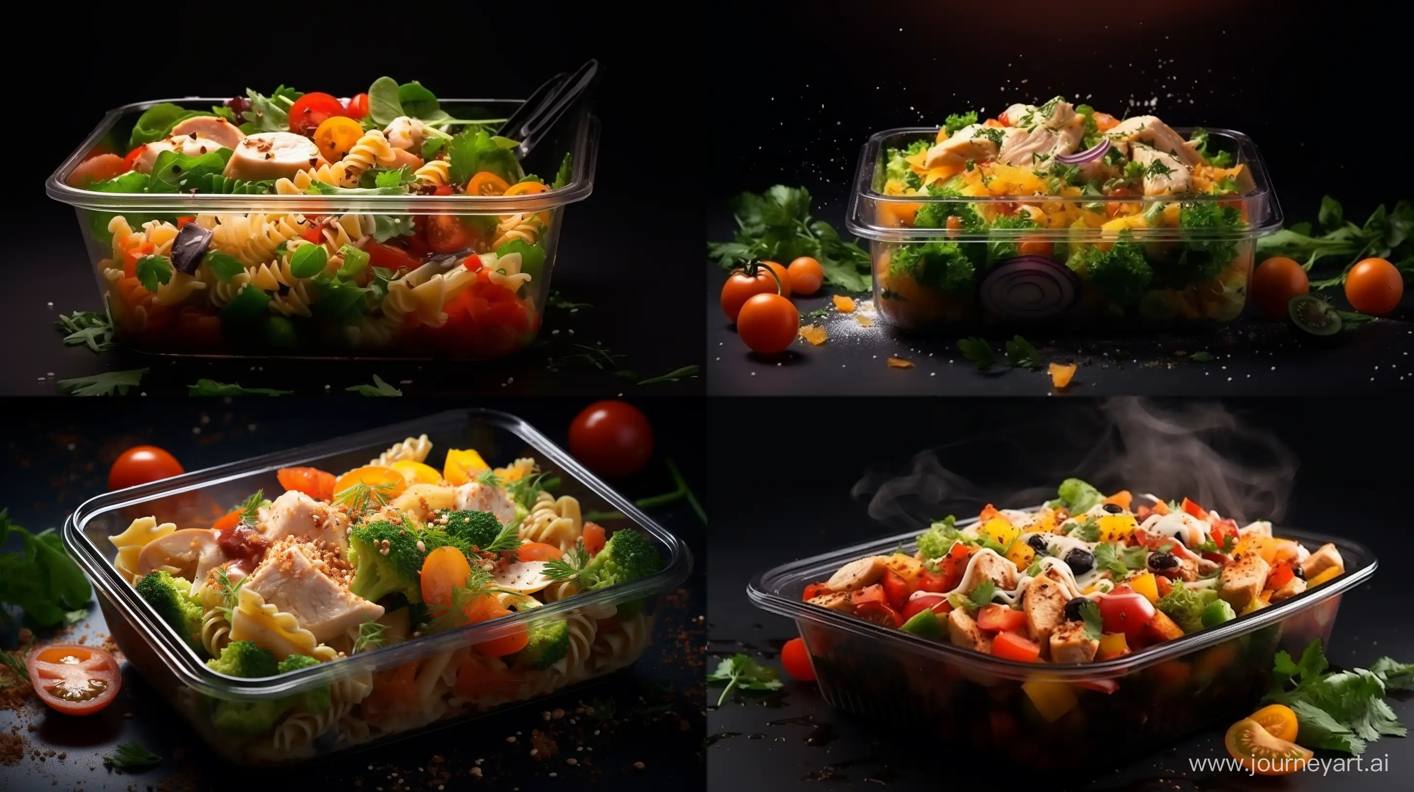 Pasta salad with chicken and vegetables in a food container, hyper-realistic photo --ar 16:9