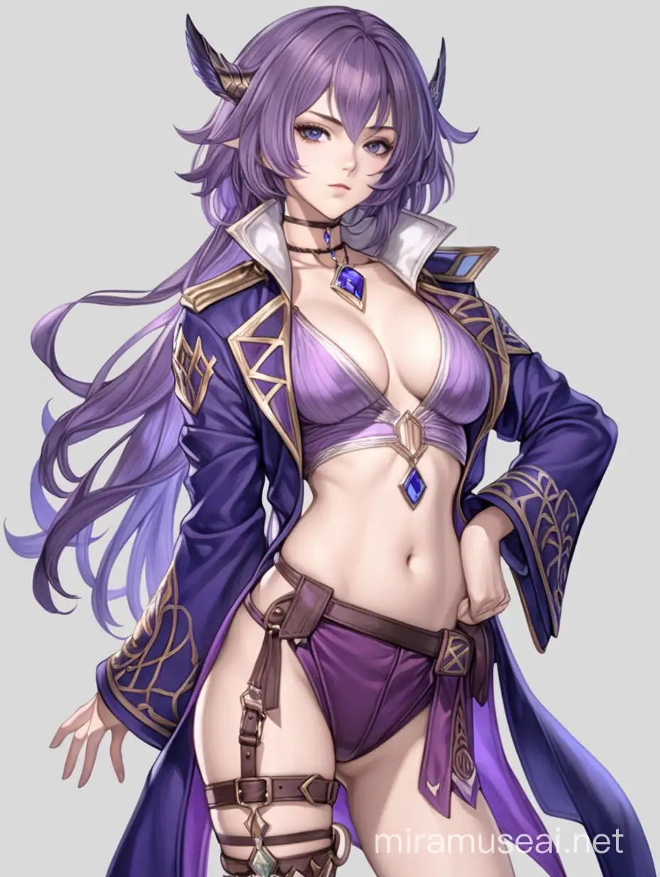 jrpg, adult woman but looks slightly young, medium hair, mainly purple palette, sorceress, choker, voluptuous, revealing outfit, jacket, fantasy, another eden, full body, waist up fully in view, portrait, no background, facing slightly to the side, staring at the camera