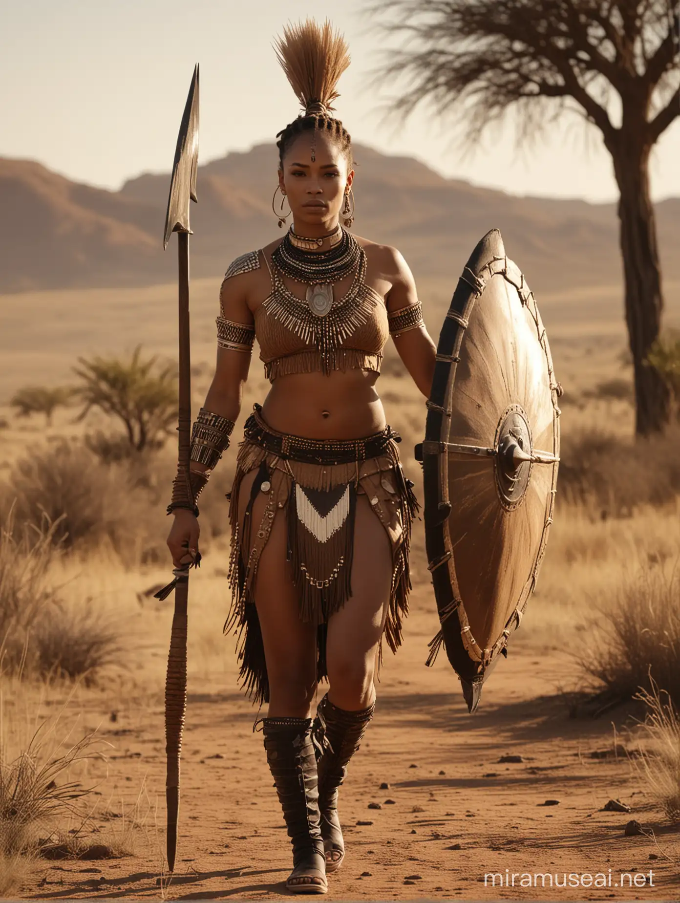 the native african lightskin , 1800s woman zulu warrior whith spear and shield is walking in the African savannah, in the style of light brown and dark black, fashwave, mesoamerican influences, candid celebrity shots, uhd image, body extensions, natural beauty --ar 69:128 --s 750 --v 5. 2