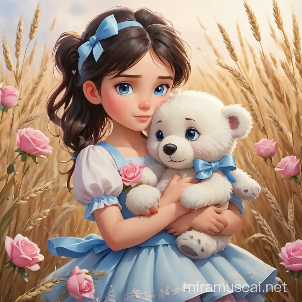 Adorable Girl with Blue Eyes and Ponytail Hugging White Bear amidst Wheat Fields and Rose Petals on a Watercolor Background