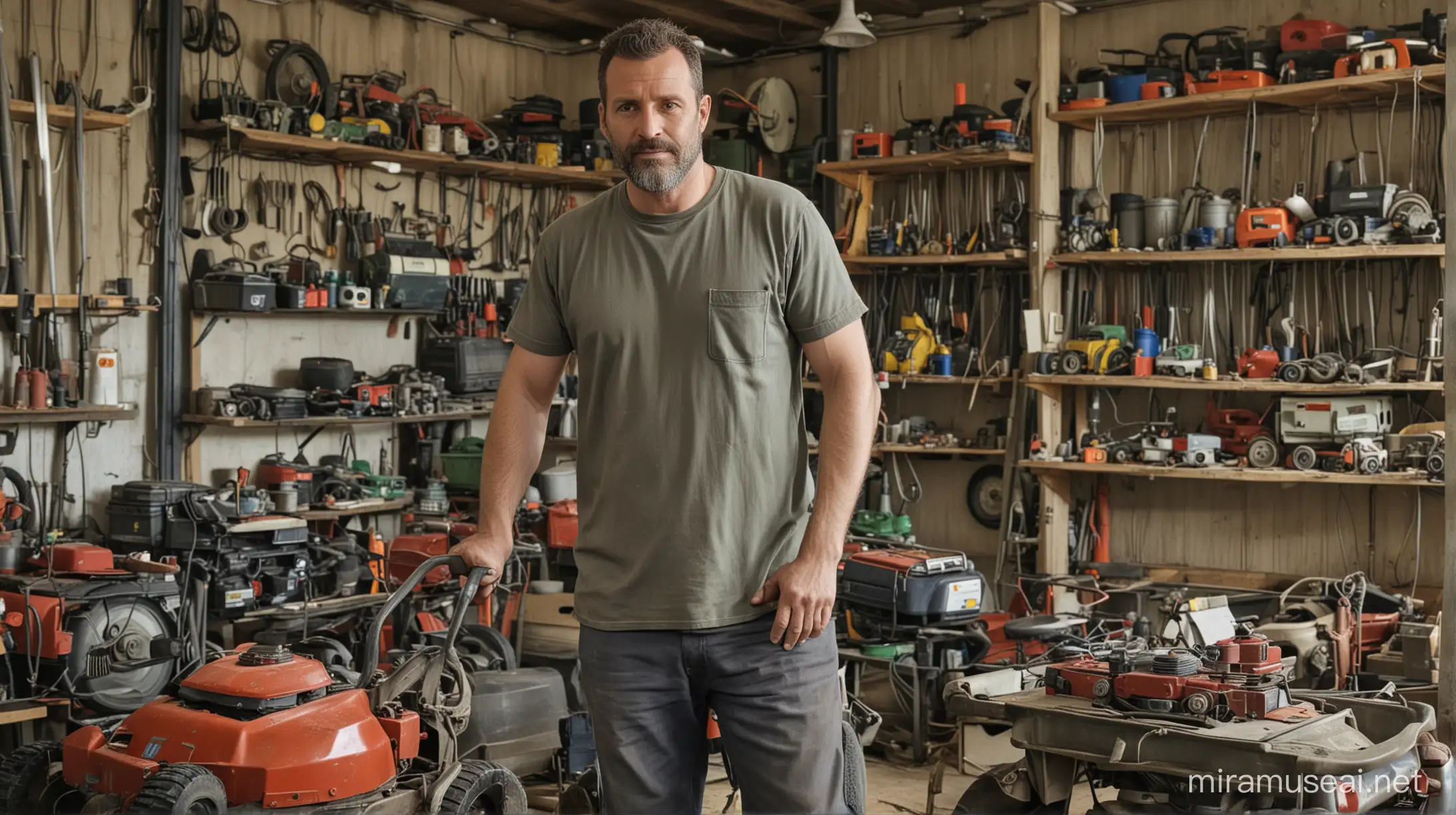 Create a 40-year old man, standing in a workshop where he repairs lawn mowers and sells spare parts.