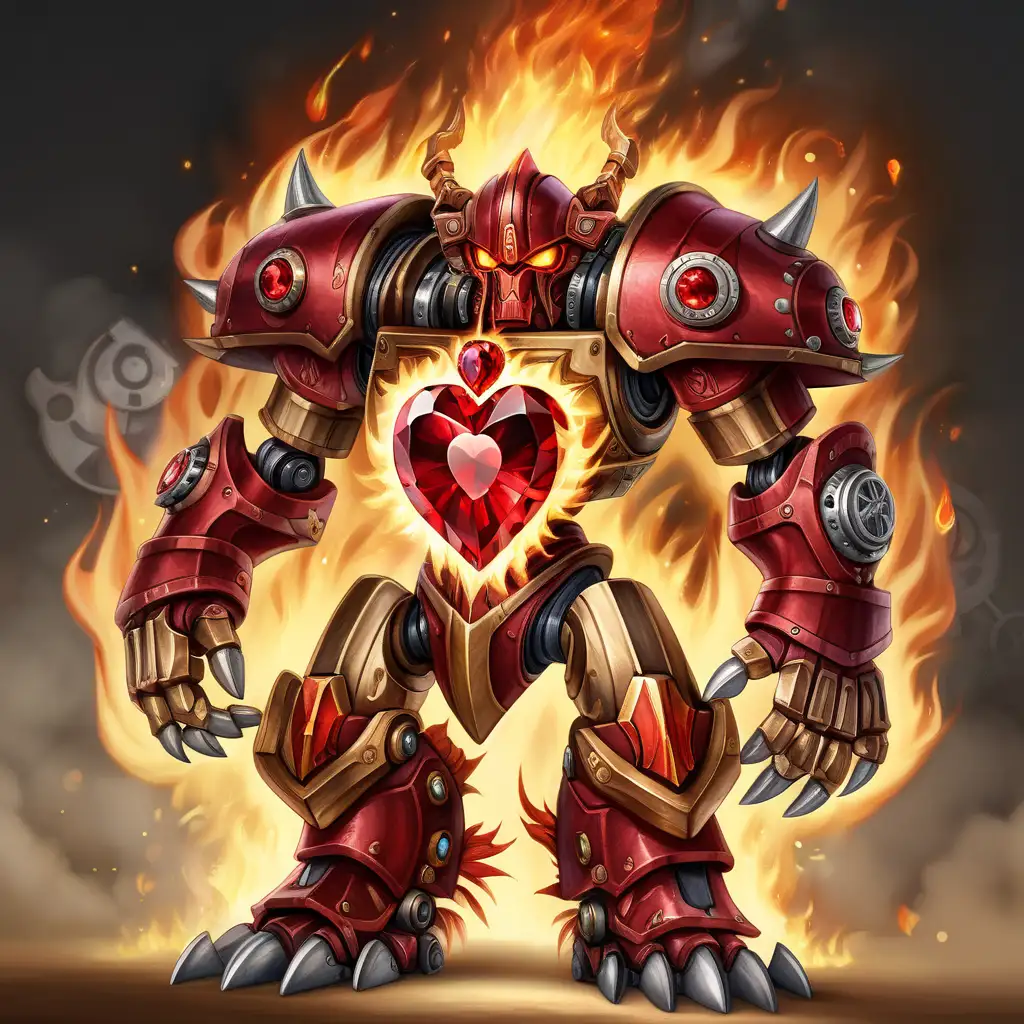Steampunk Flame Robot with Runic Metal and Red Crystal Heart