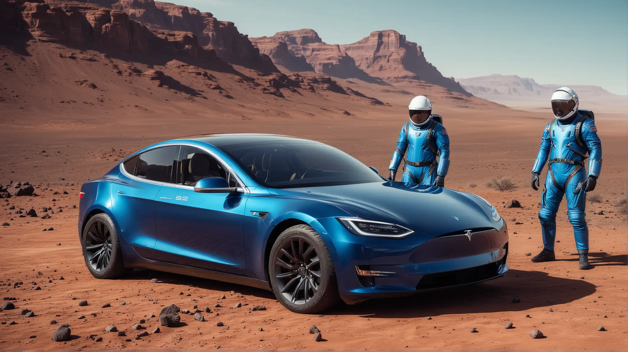 on the planet mars a blue tesla 3 and two astronauts 
