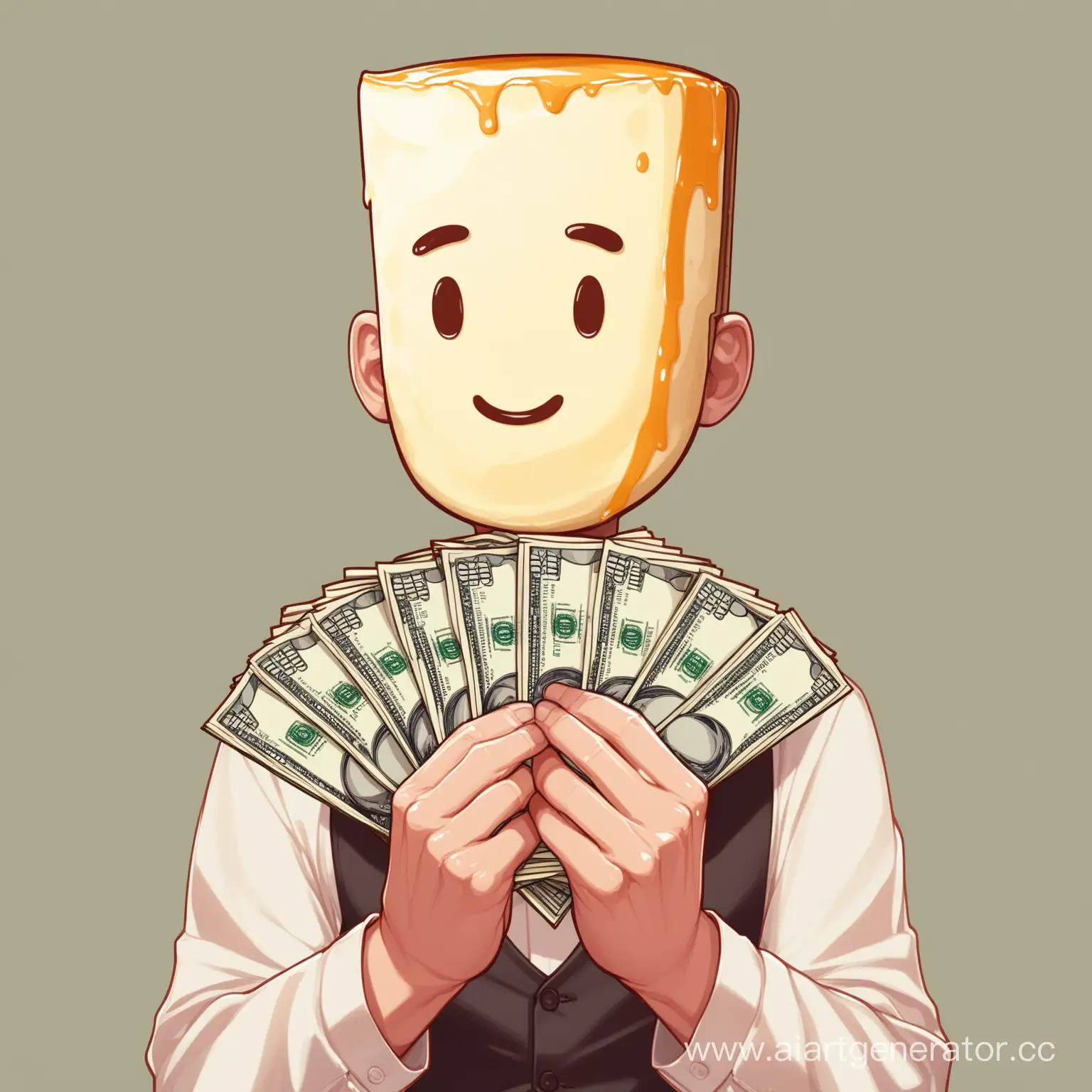 Cheesecake-Head-Man-Holding-Money-Surreal-Dessert-Financier-Concept