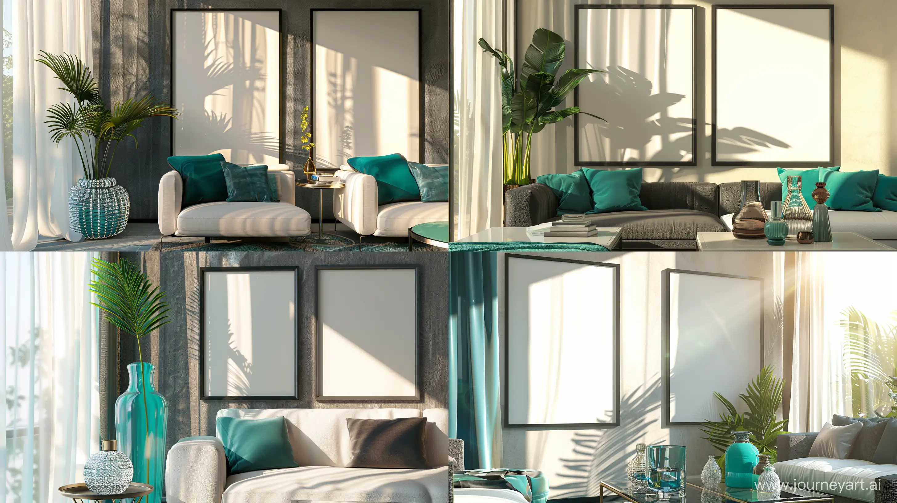 Capture the Essence: Two blank picture frame mockups adorn the walls of a modern living room, where sleek furniture in shades of charcoal and ivory harmonize with pops of vibrant teal. Sunlight filters through sheer curtains, casting a warm glow on the tropical plant and glistening vases. --ar 16:9
