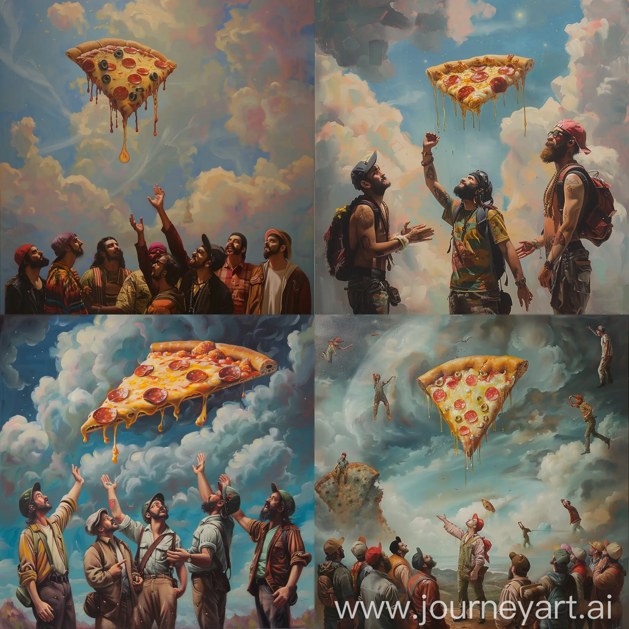 A rococo style oil painting of hipsters worshipping a pizza slice that floats in the sky