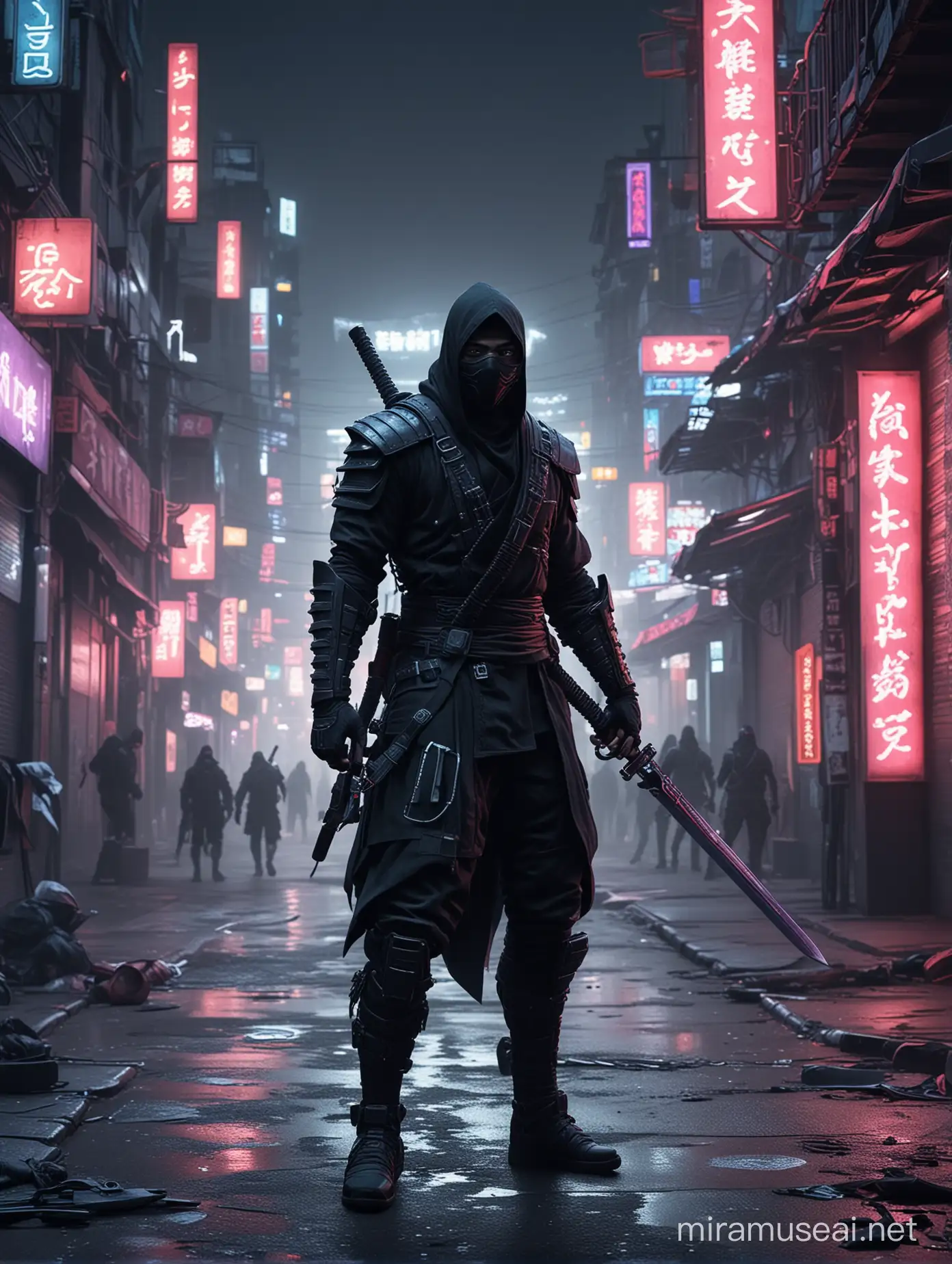 neon lights, unreal, sci-fi, street, fantasy, cyberpunk city,a ninja with mask and large sword, fighting in street 