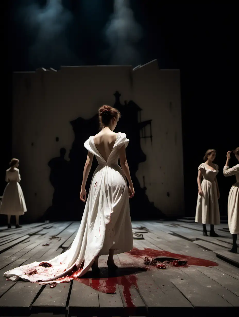 Μια σκηνή ενός βομβαρδισμένου θεάτρου. Μια γυναίκα ηθοποιός περπατάει στη σκηνή με την πλάτη στο κοινό. Φοράει ένα λευκό φόρεμα στυλ Άννα Καρένινα. Λίγες σταγόνες αίμα τρέχουν από το φόρεμα της. Η εικόνα είναι σαν ζωγραφιά του Πικάσο 