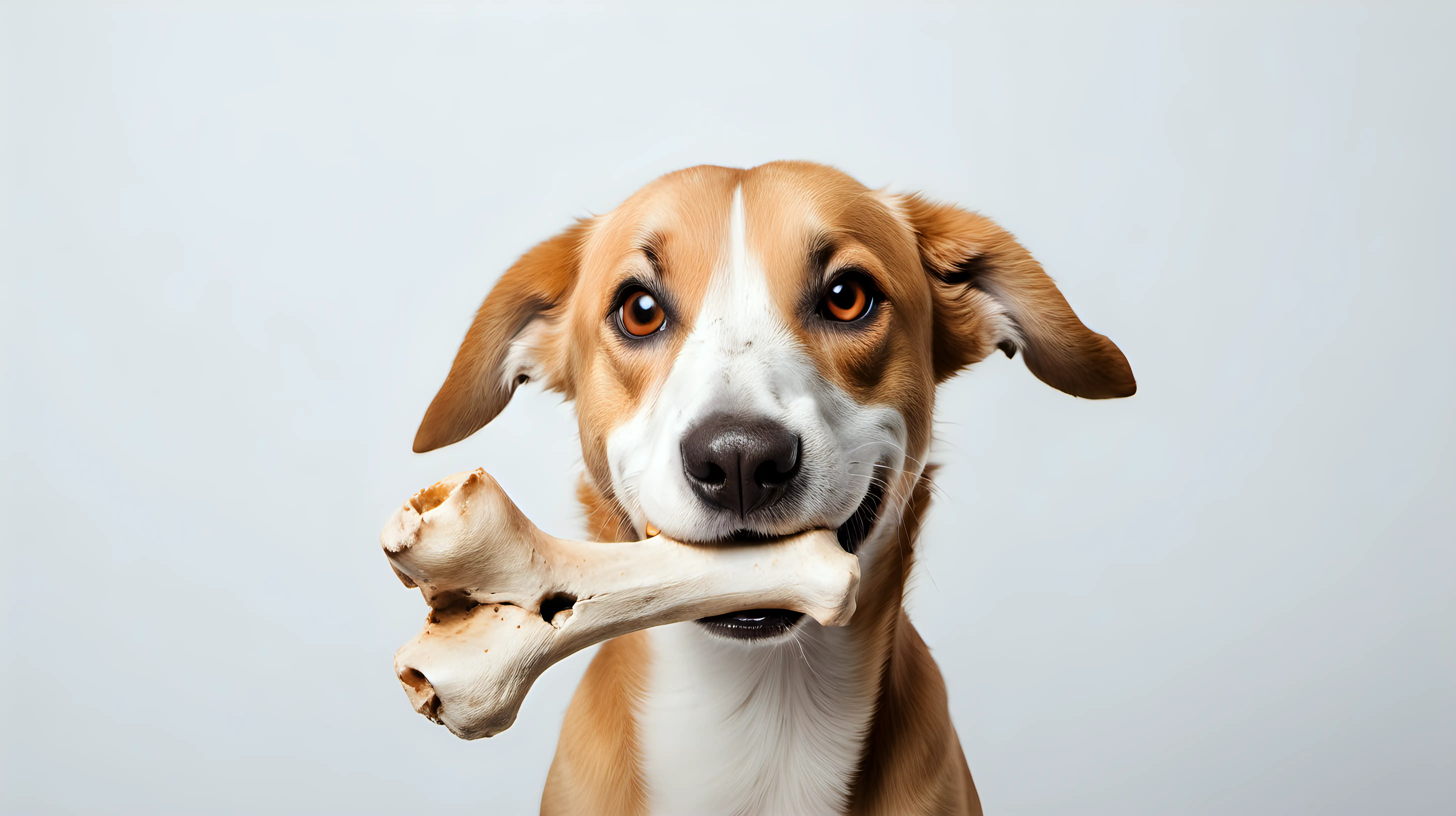 Canine Holding Bone Adorable Dog Poses with Bone on White Background
