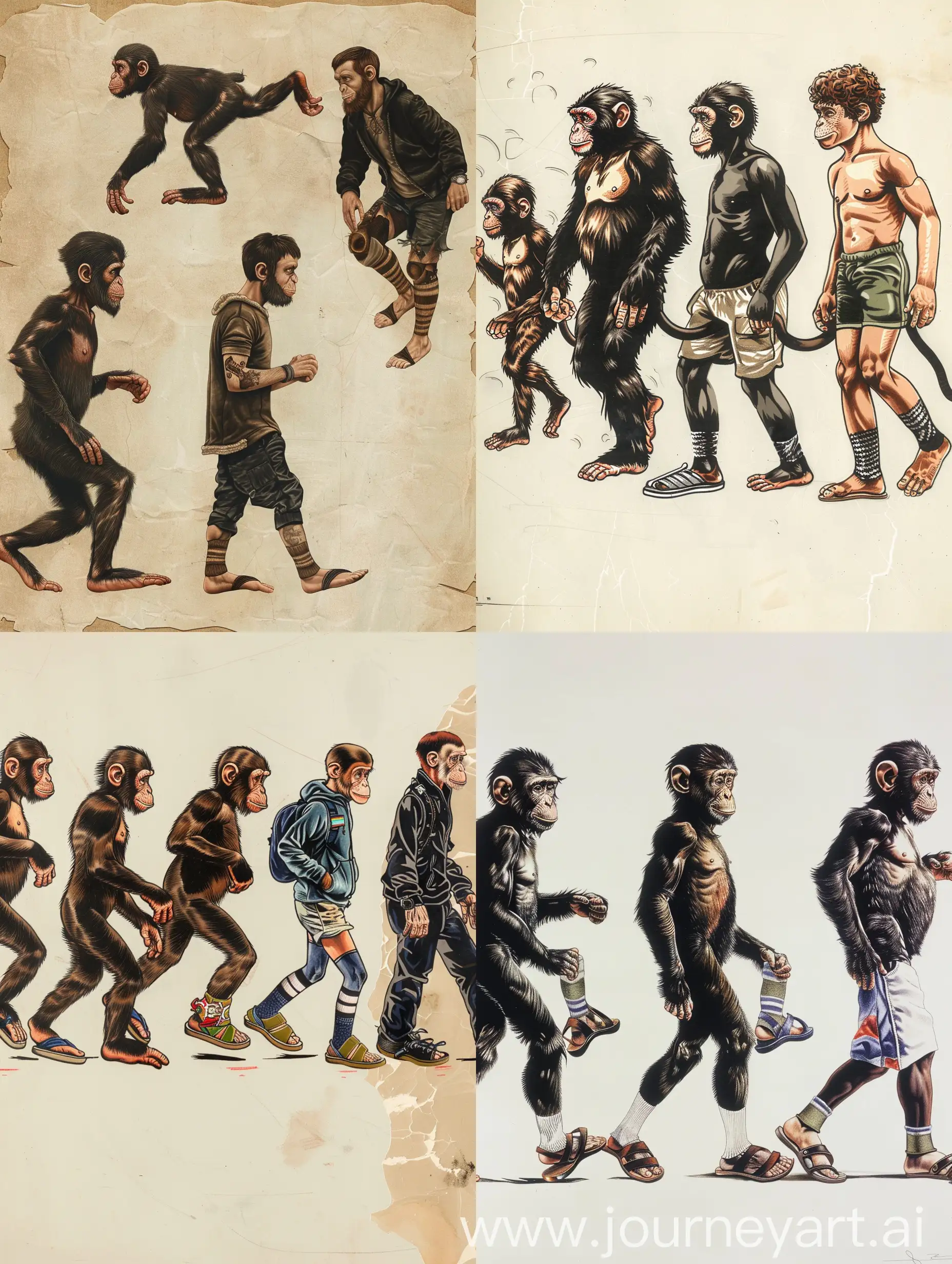 draw an image of human evolution from monkey to young man each of the monkeys and men wearing sandals with socks
