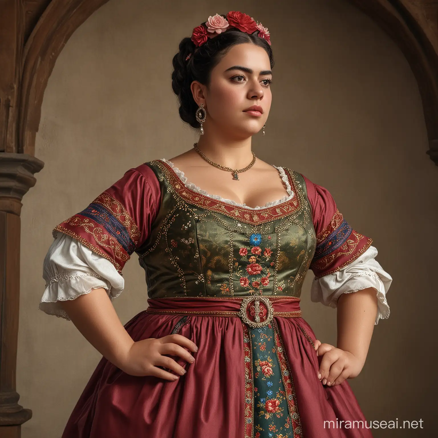 Camila Falquez depicting chubby Frida Coelho in tight medieval dress  , realistic photo, high_res, high details, color. 