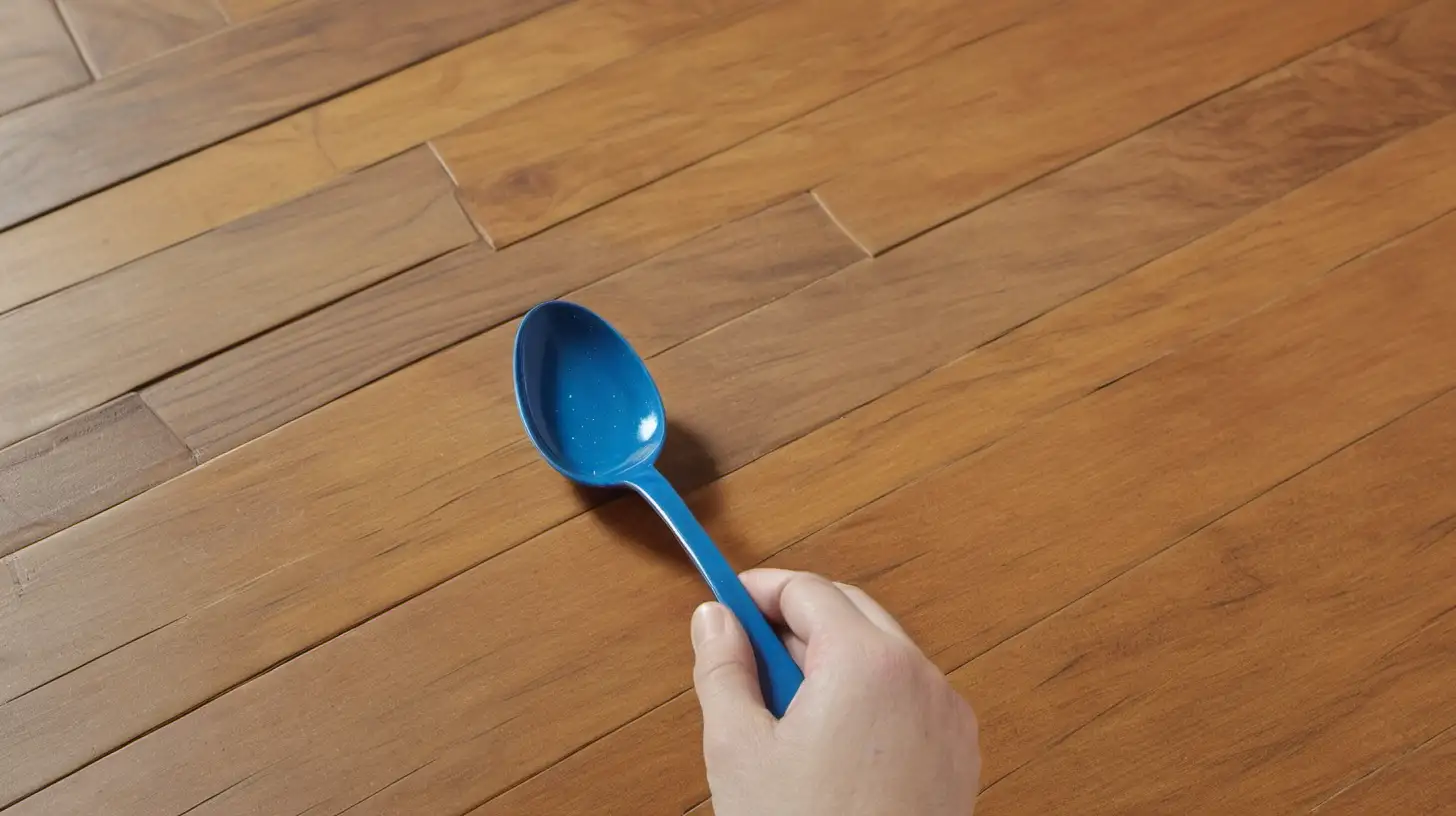hand holding blue spoon on wood floor