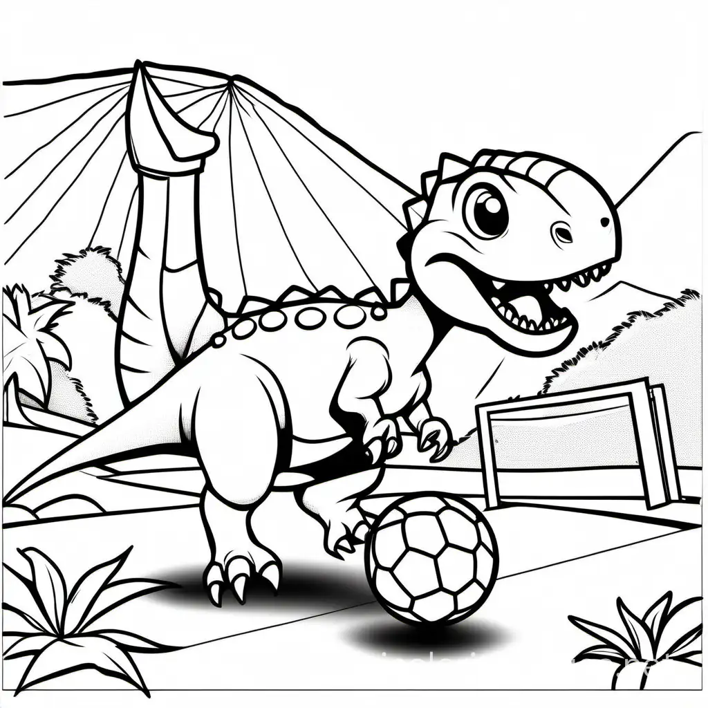 Aardonyx dinosaur playing soccer, Coloring Page, black and white, line art, white background, Simplicity, Ample White Space. The background of the coloring page is plain white to make it easy for young children to color within the lines. The outlines of all the subjects are easy to distinguish, making it simple for kids to color without too much difficulty