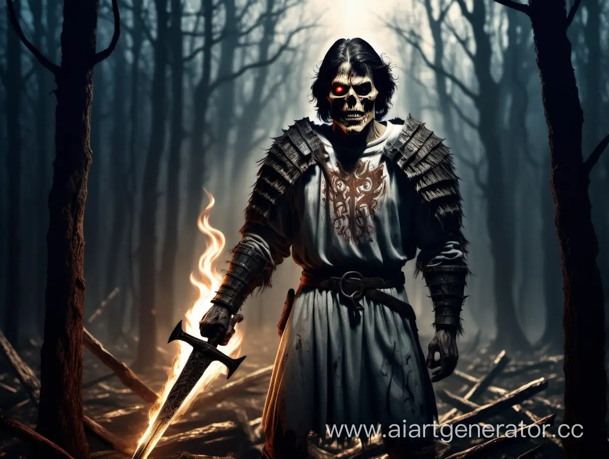Evil dead in Slavic style. Ash is in the image of a Slavic knight with a sword that glows with a white flame . Slavic art in the spirit of the film Evil Dead and the game dark souls