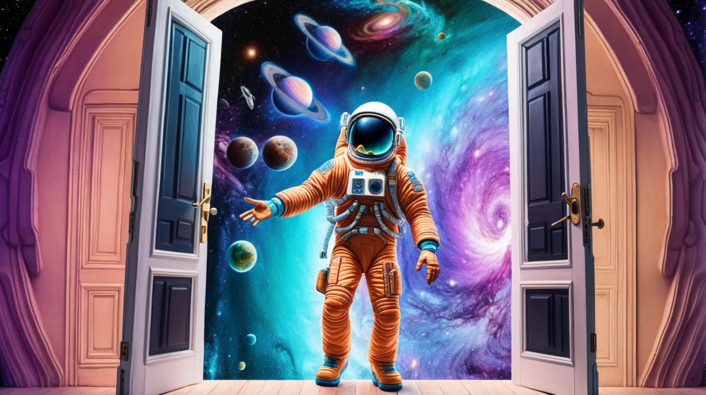 psychedelic space man reaching into an open door leading to another galaxy.
