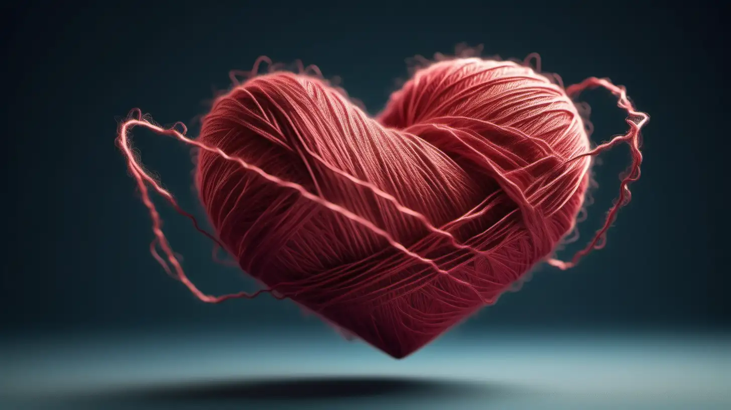  isolated fuzzy, single yarn in shape of a heart, thread floating in 3d perspective, realistic, curvy, coming at you, yarn threads flying all over